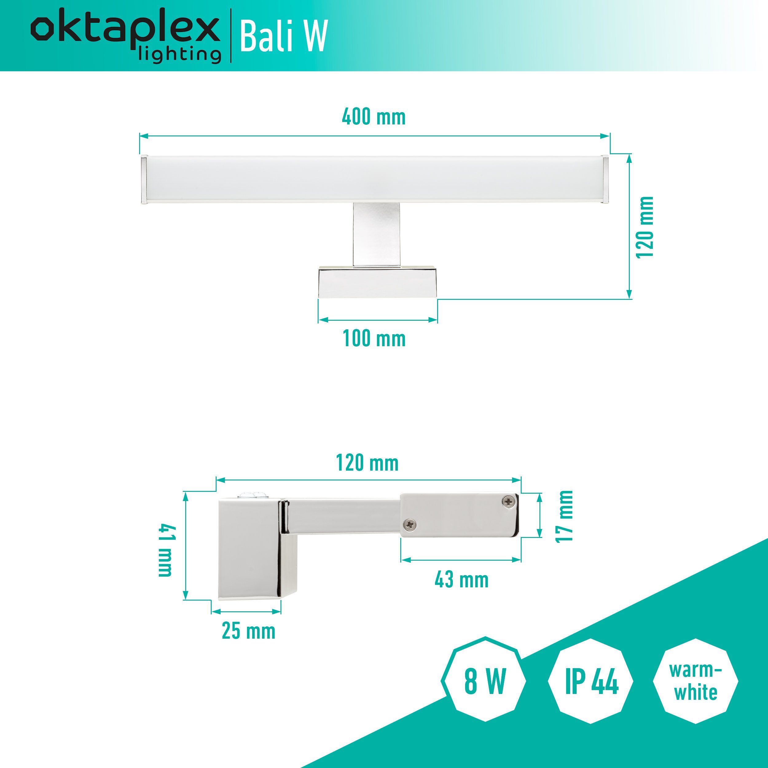 warmweiß, lighting Oktaplex / verbaut, fest Spiegellampe 8W 8W, LED Spiegellicht LED Spiegelleuchte 40cm, / Bad IP44 Bali LED 640lm Wandlampe Silber