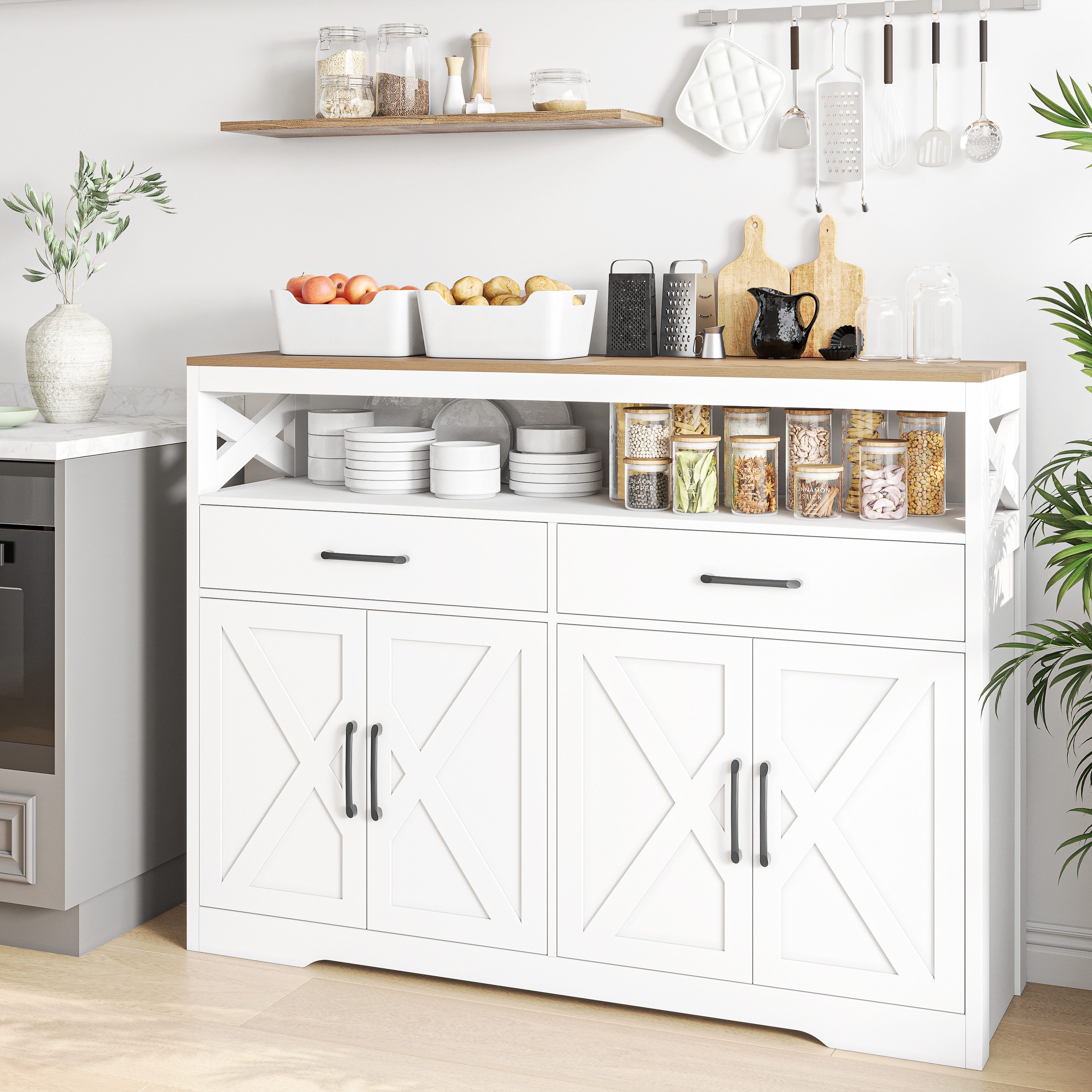 zebery Buffet Küchen Sideboard aus Holz (Set, 1-St., Küchenschrank mit 2 Schubladen und 4 Türen) Buffetschrank mit verstellbaren Ablagen für Wohnzimmer Küche Flur