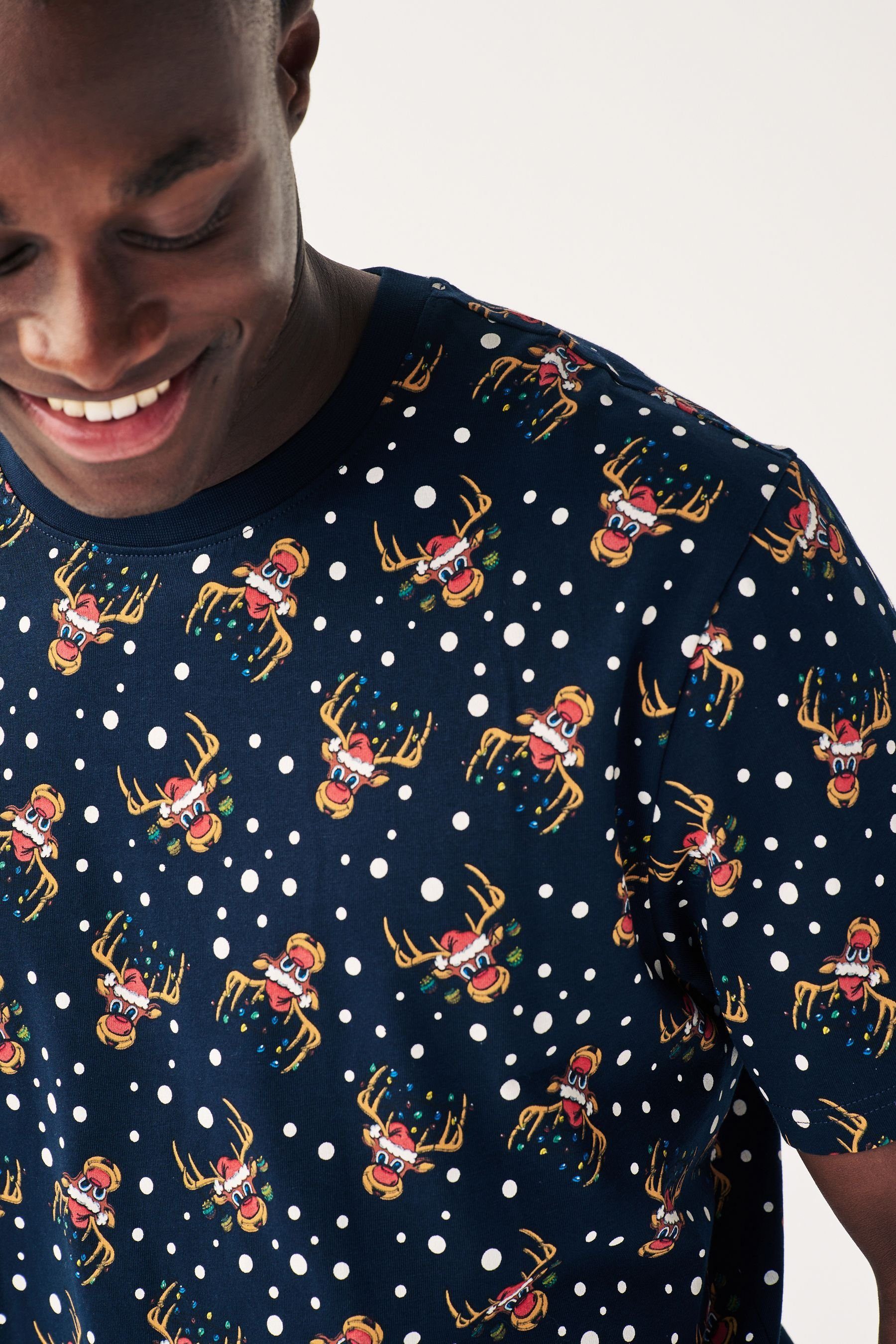 Print-Shirt Weihnachtsmotiv Next (1-tlg) T-Shirt mit Reindeer Navy