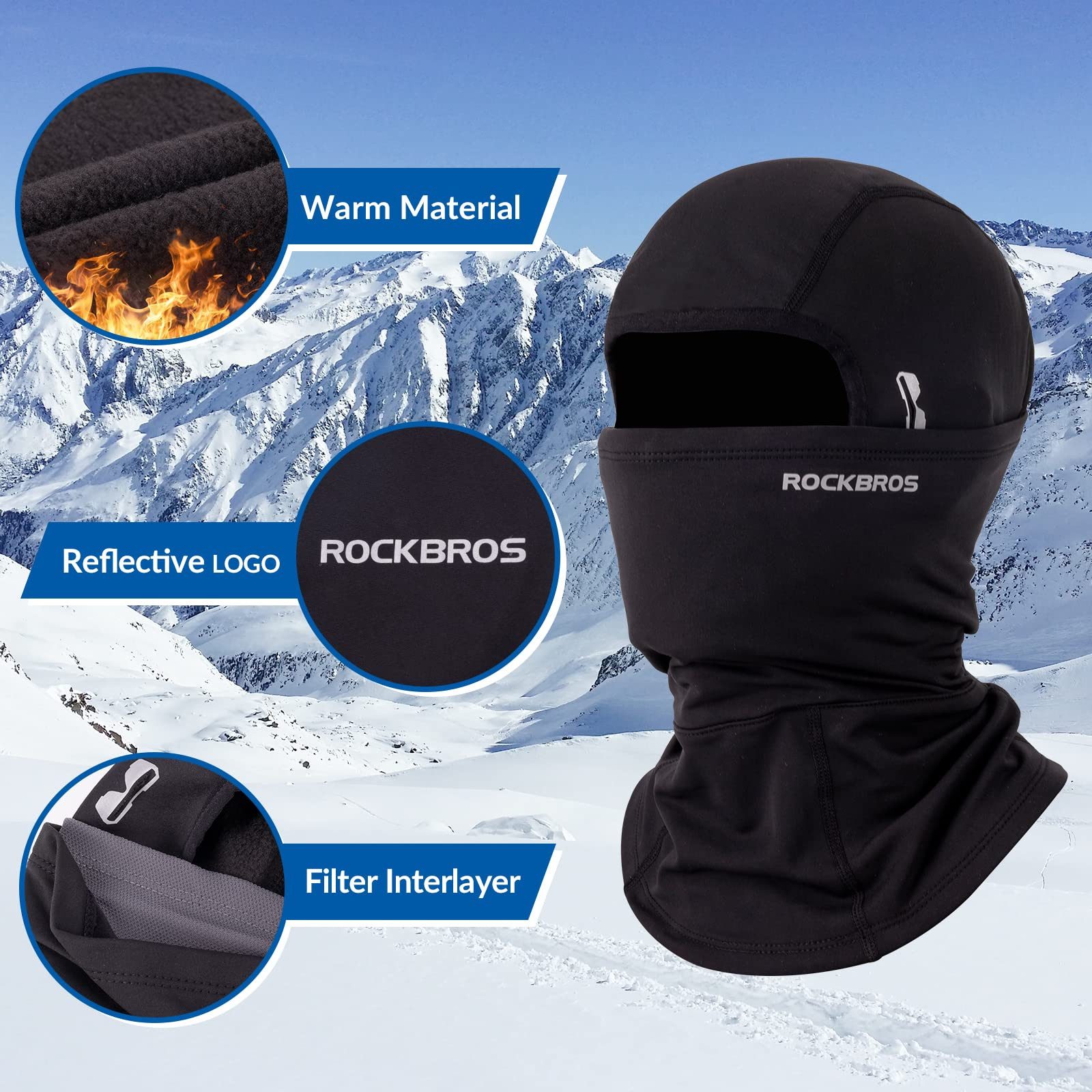 ROCKBROS Sturmhaube Warme Winter Balaclava Winddicht Skimaske für Wintersportkappe Mit Brille tragbar