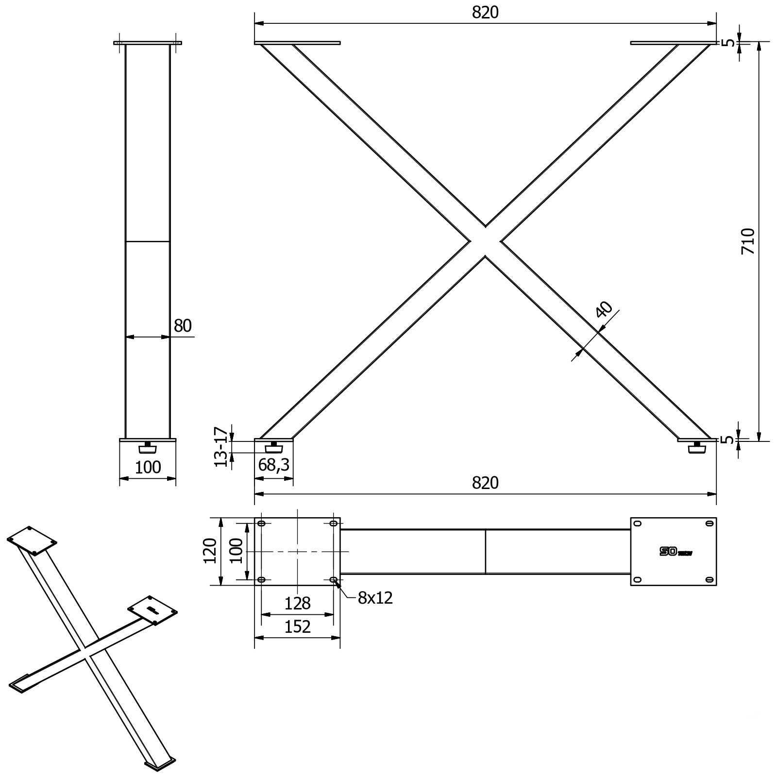 SO-TECH® Tischgestell X-FORM Stahl schwarz matt Höhe 710 mm Tiefe 820 mm (2-St), Stahl-Profil 80 x 40 mm – Bild 5 von 5
