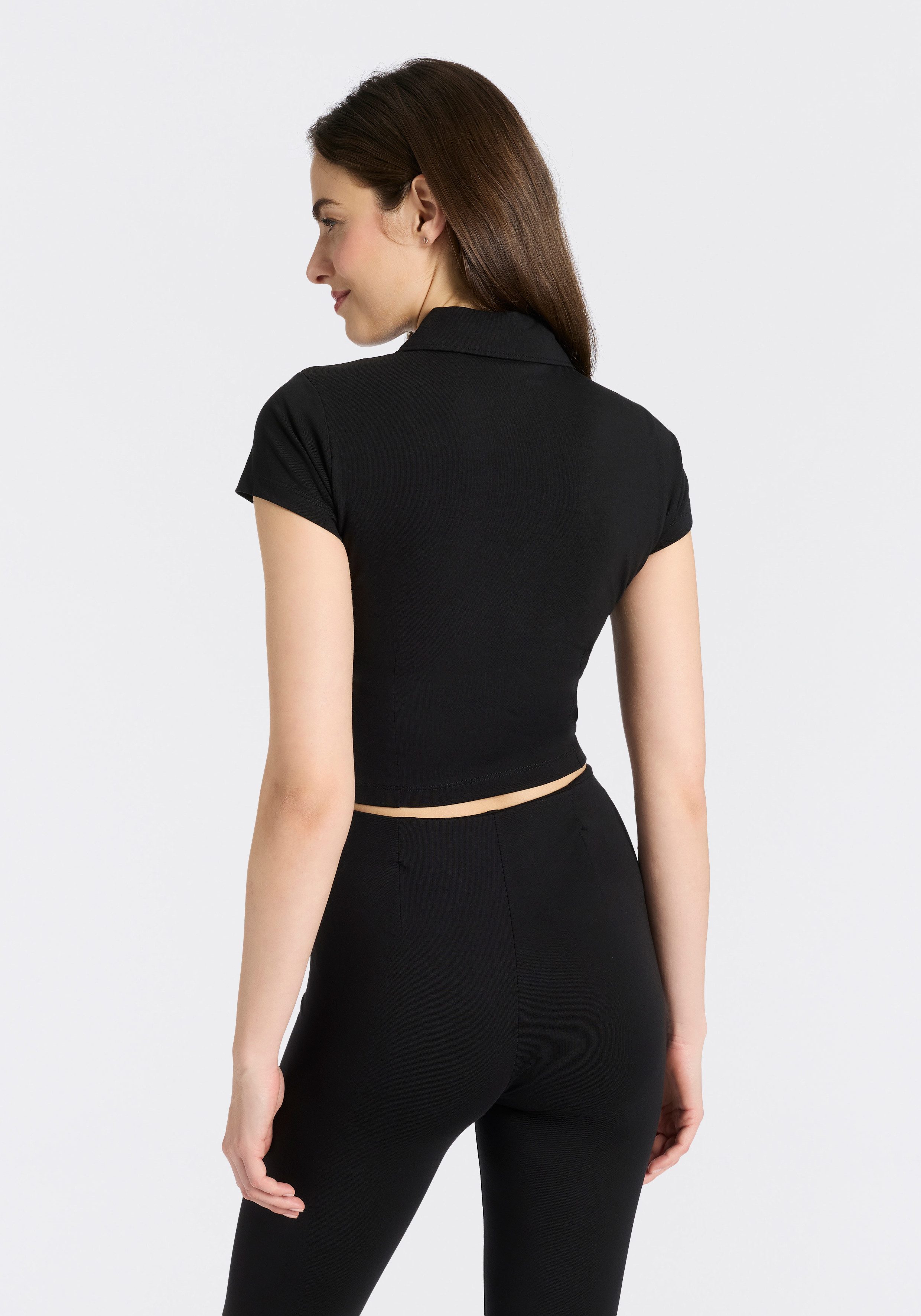 HUGO Kurzarmshirt Dastaja mit Kragen & cropped, in verkürzter Länge