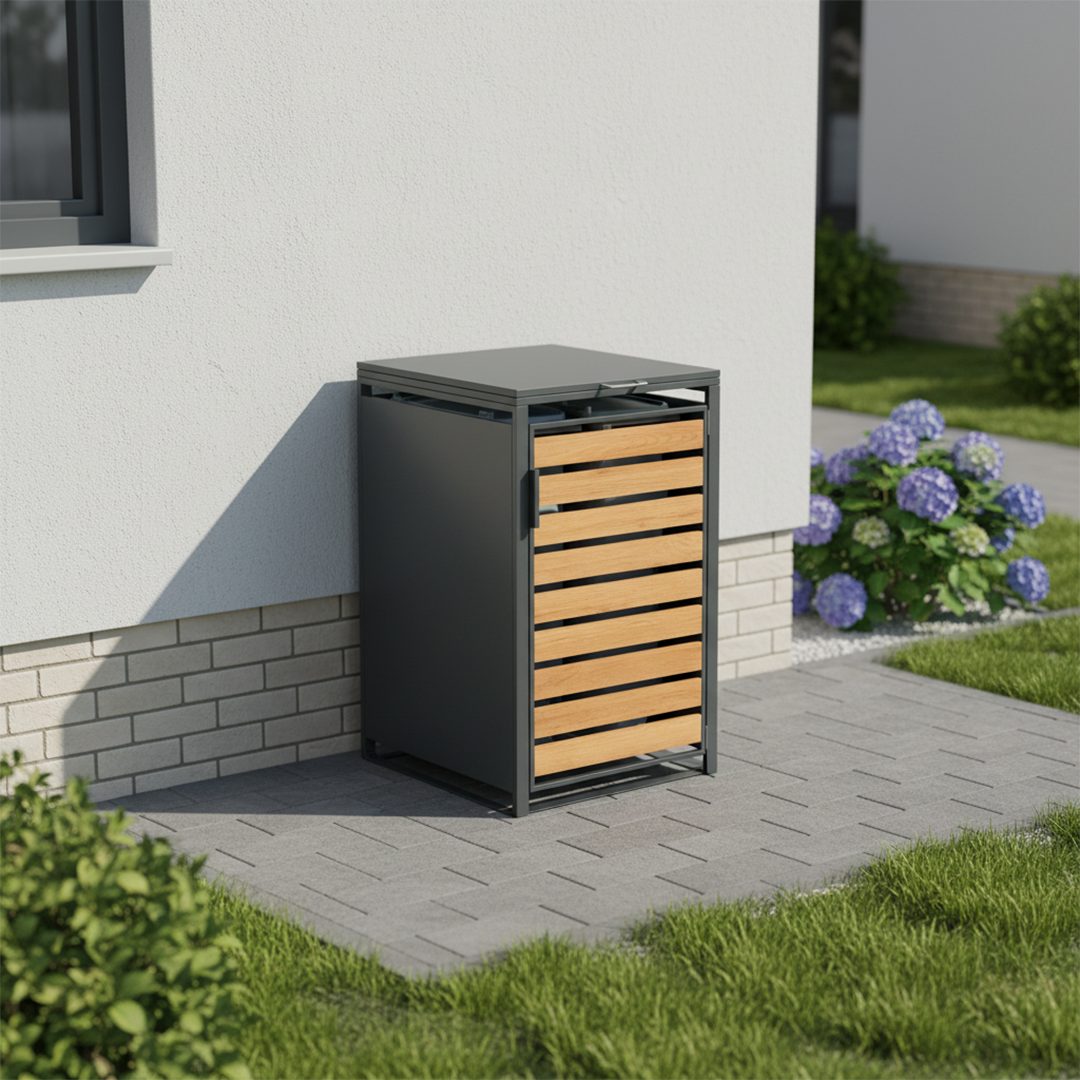 STEELSØN Mülltonnenbox Kestra 120L aus verzinktem Stahl (Anthrazit/Holz, Für 1 Tonne), verfügbar mit 1, 2, 3, 4 oder 5 Türen, mit Sichtstreifen Holzoptik