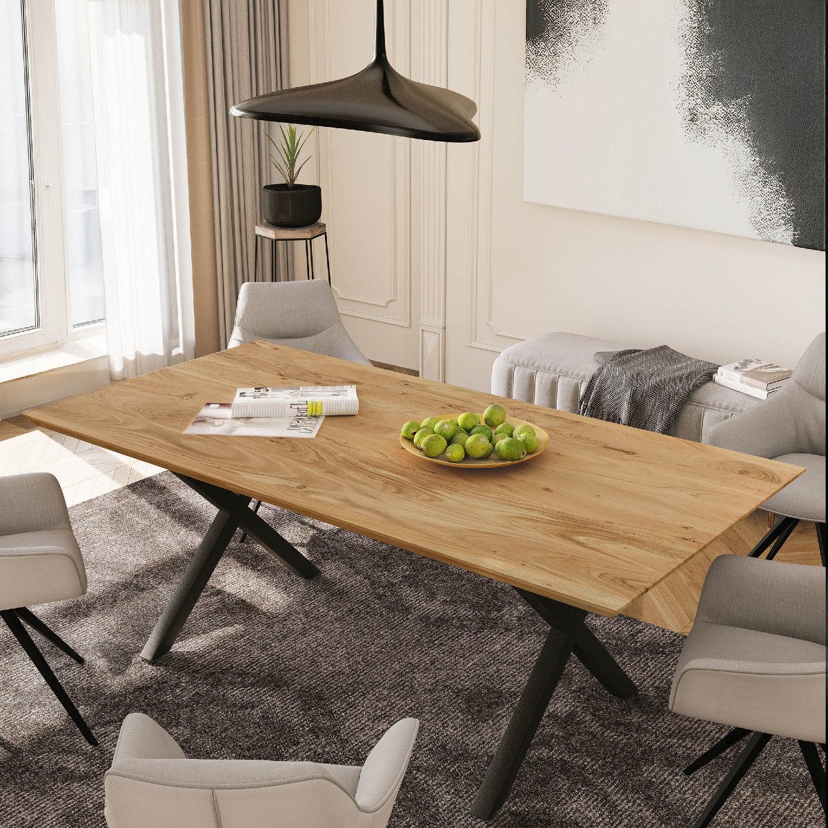 Liadomo Esstisch Luzern, Tischplatte mit Schweizer Kante aus Akazienholz massiv, Metallgestell