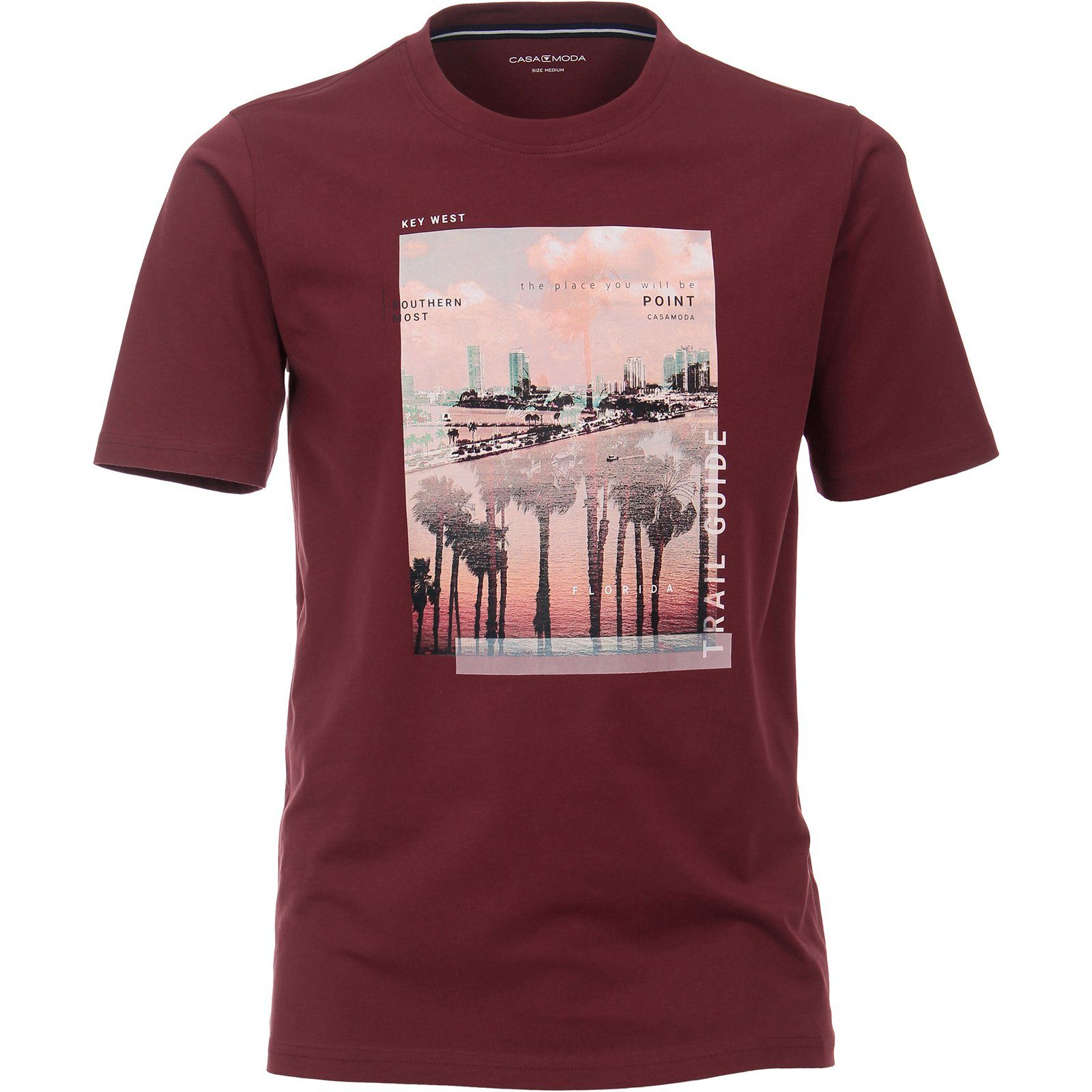 CASAMODA Rundhalsshirt Große Größen Herren T-Shirt weinrot Florida-Print CasaModa