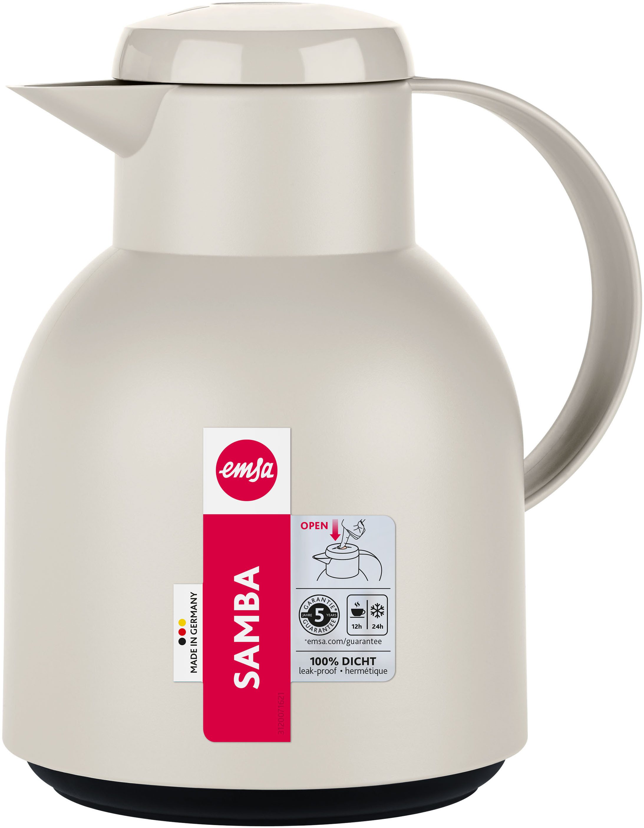 Emsa Isolierkanne Samba, 1 l, zeitloses Design, einfacher Knopfdruck, 24h kalt, 12h warm