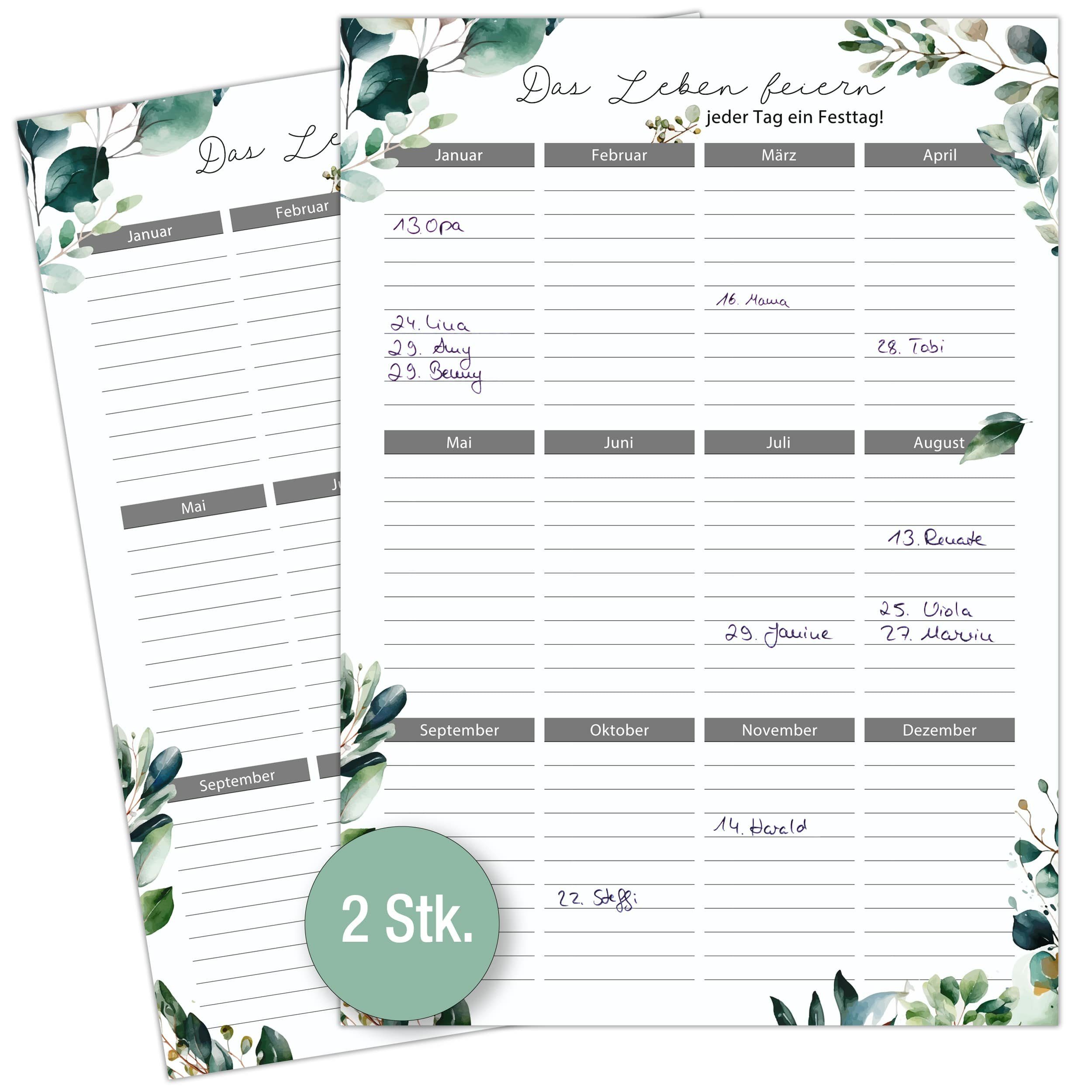 TOBJA Geburtstagskalender Geburtstagskalender immerwährend 2er Set A4 Wandkalender, Eukalyptus Design - Geburstagsplaner Jahresunabhängig