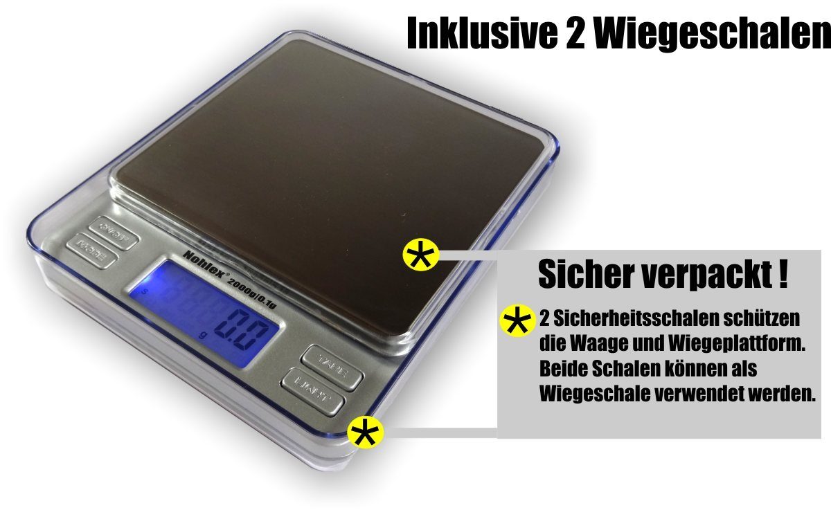NOHLEX Küchenwaage Nohlex 2000g/0.1g Feinwaage für die Küche mit 2 Wiegeschalen, LCD Display