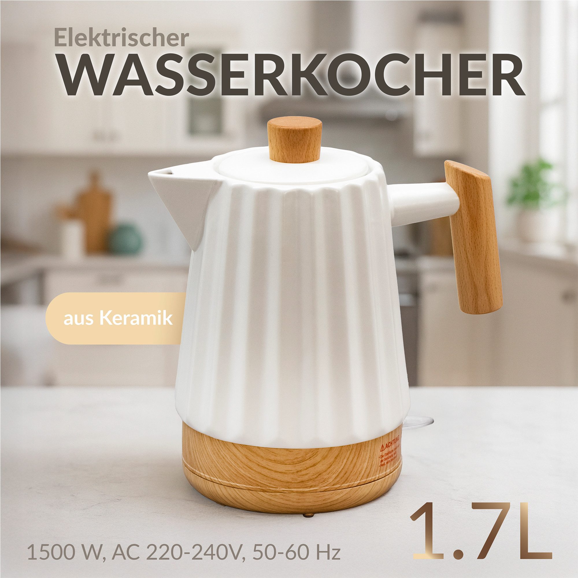 KVOTA Wasserkocher Keramik-Wasserkocher 1,7 l weiß mit Holzgriff, LED & 360°-Sockel, 1.7 l, 1500 W, Leise im Betrieb, Längere Warmhaltezeit