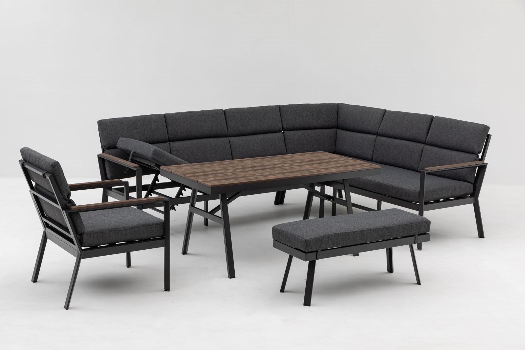Gardissimo Gartenlounge-Set Nara Oak XL rechts / Gartenmöbelset / Nonwood, (Set, 4-tlg., Alu, Ecklounge, Esstisch, Sessel, Bank, inkl. Auflagen), Dining Höhe, Liegefunktion, wetterfest