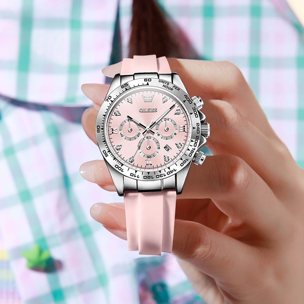 OLEVS Quarzuhr Damenuhr Olevs – Sportliches Edelstahlgehäuse, Silikonarmband Chrono