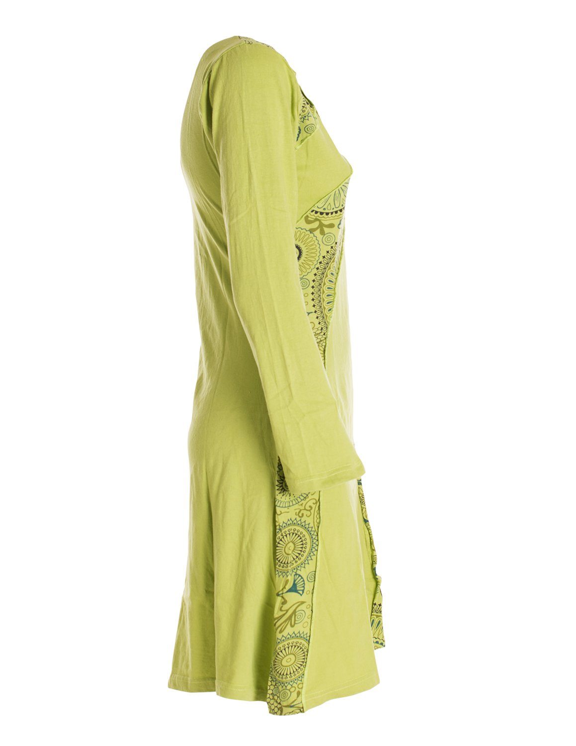 Langarm hellgrün Elfen Style Ethno, Damen Jerseykleid Blumenkleid Kleid Vishes Baumwollkleid Mandala Rundhals Hippie,