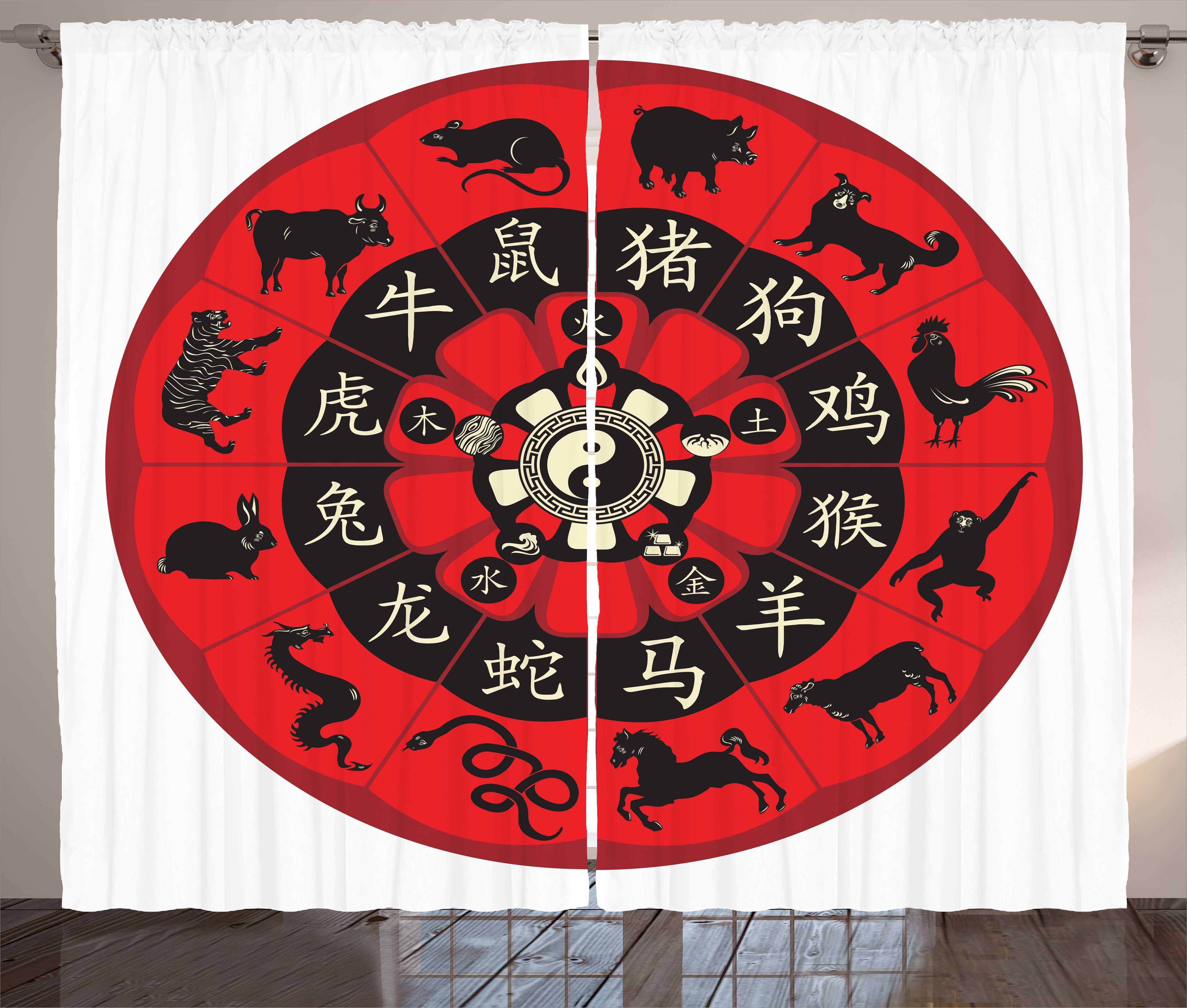 Gardine Schlafzimmer Kräuselband Vorhang mit Schlaufen und Haken, Abakuhaus, Tierkreis Chinesisches Horoskop-Rad Deco