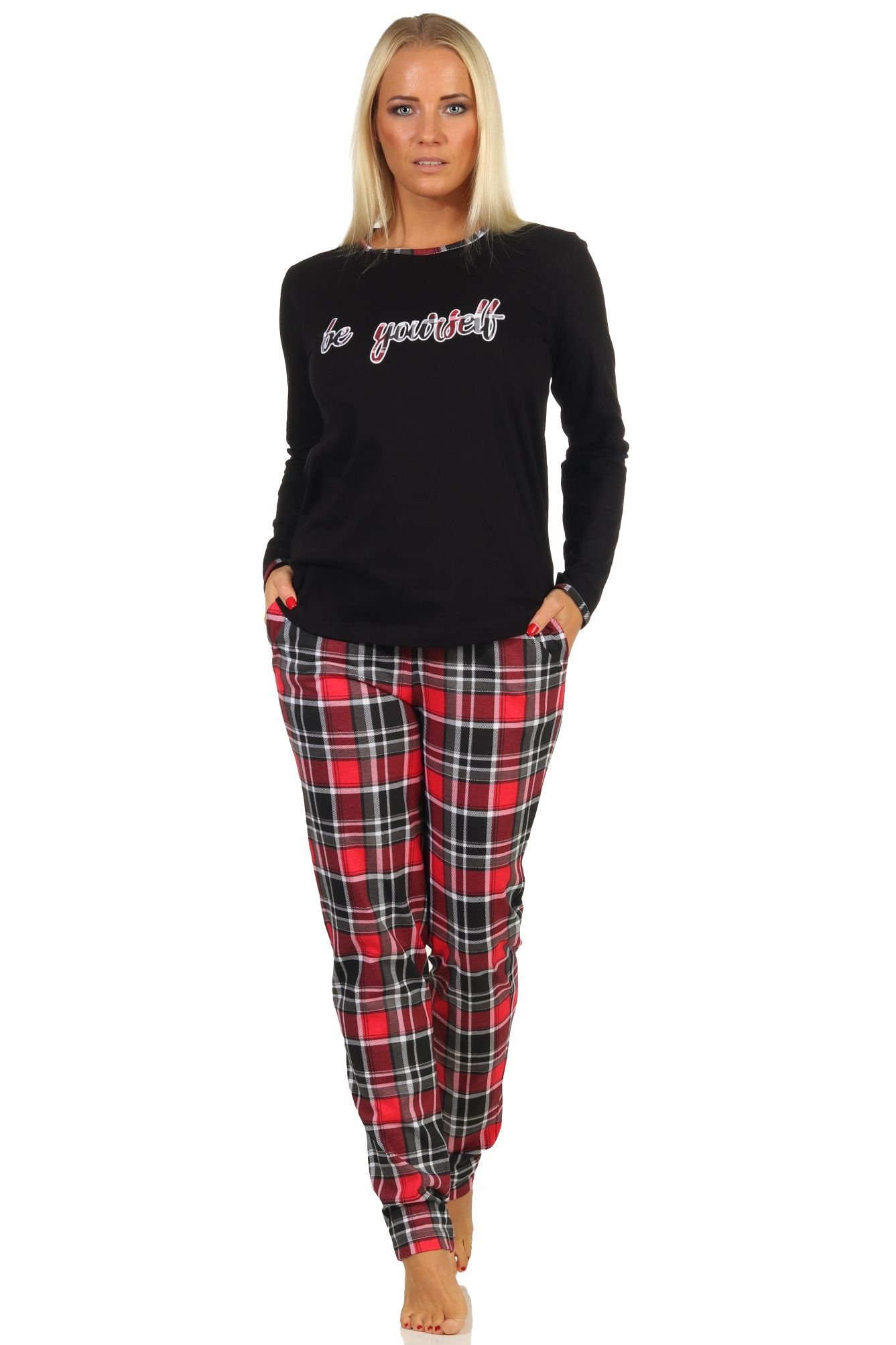 schwarz Pyjama Karohose Normann mit auch Frontprint - in Übergrößen Pyjama lang und Damen
