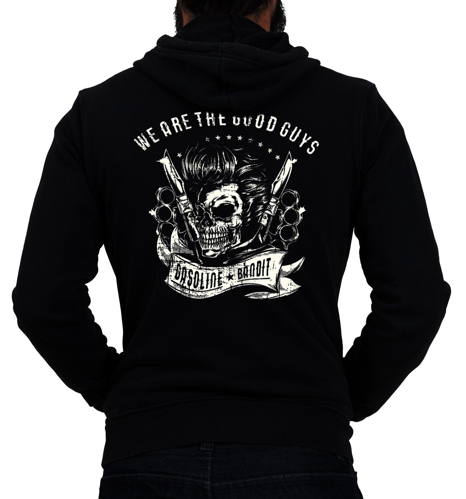 GASOLINE BANDIT® Kapuzensweatjacke für Rockabilly Motorradfahrer und Oldtimer Fans: We are the Good Guys mit Kapuze