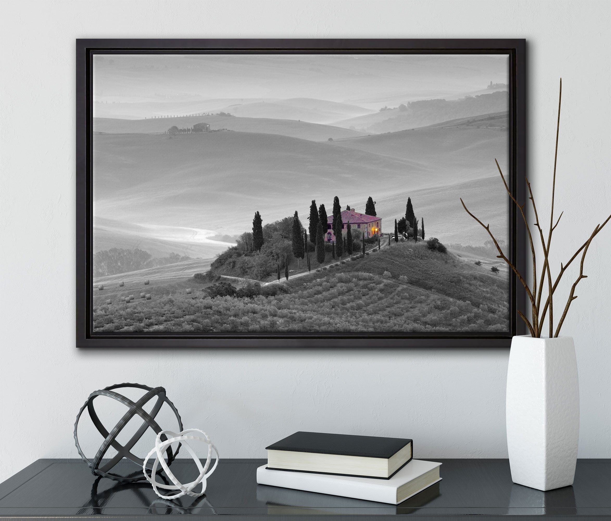 Pixxprint Leinwandbild schöne Toskana Landschaft, Wanddekoration (1 St), Leinwandbild fertig bespannt, in einem Schattenfugen-Bilderrahmen gefasst, inkl. Zackenaufhänger