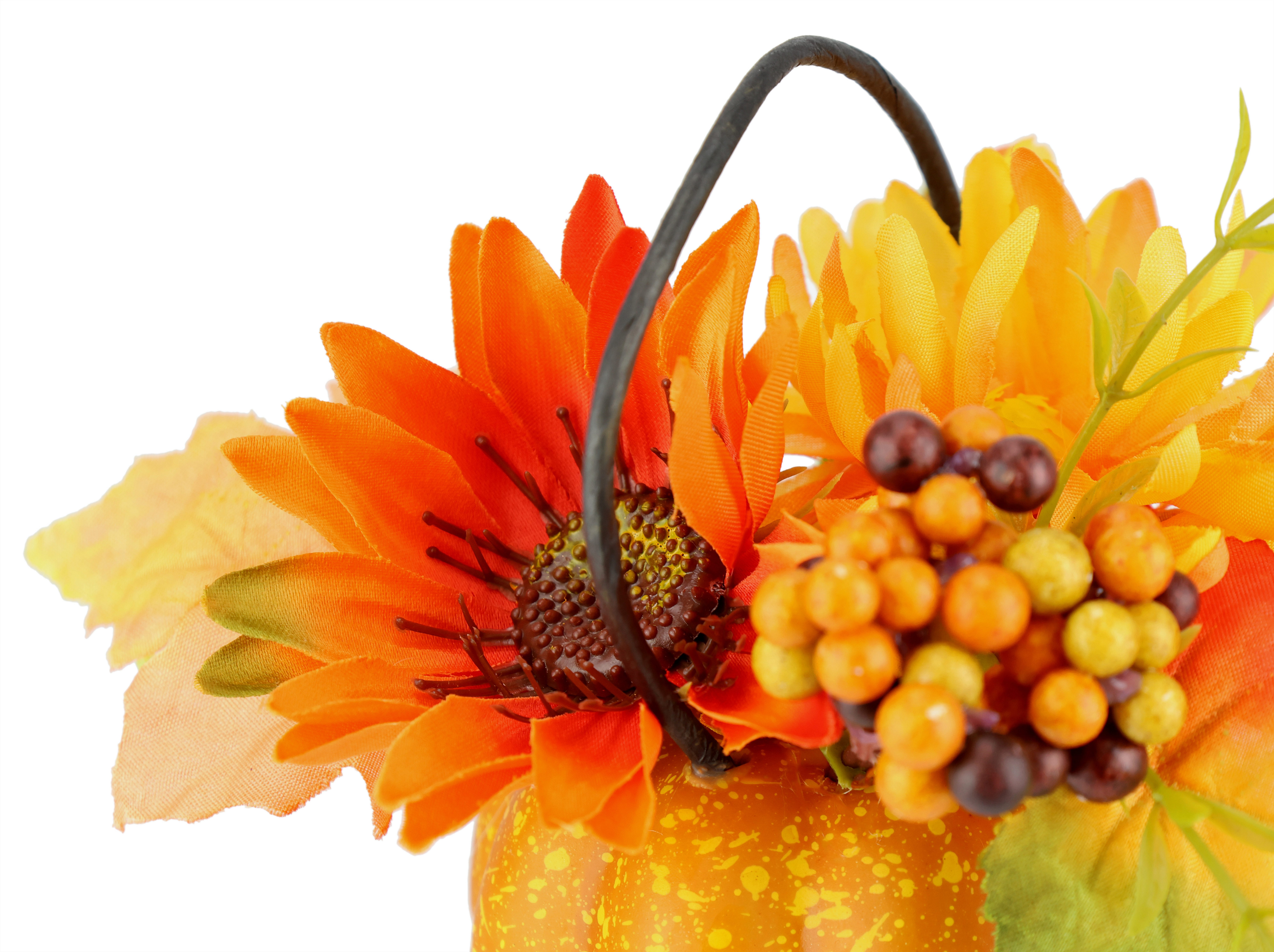 Kunstblume Dahlien-Gesteck im Kürbis, I.GE.A., Höhe 12 cm, Mit Beeren Blume Dekoblume Gesteck Herbstblume Herbstdeko Mittelstück