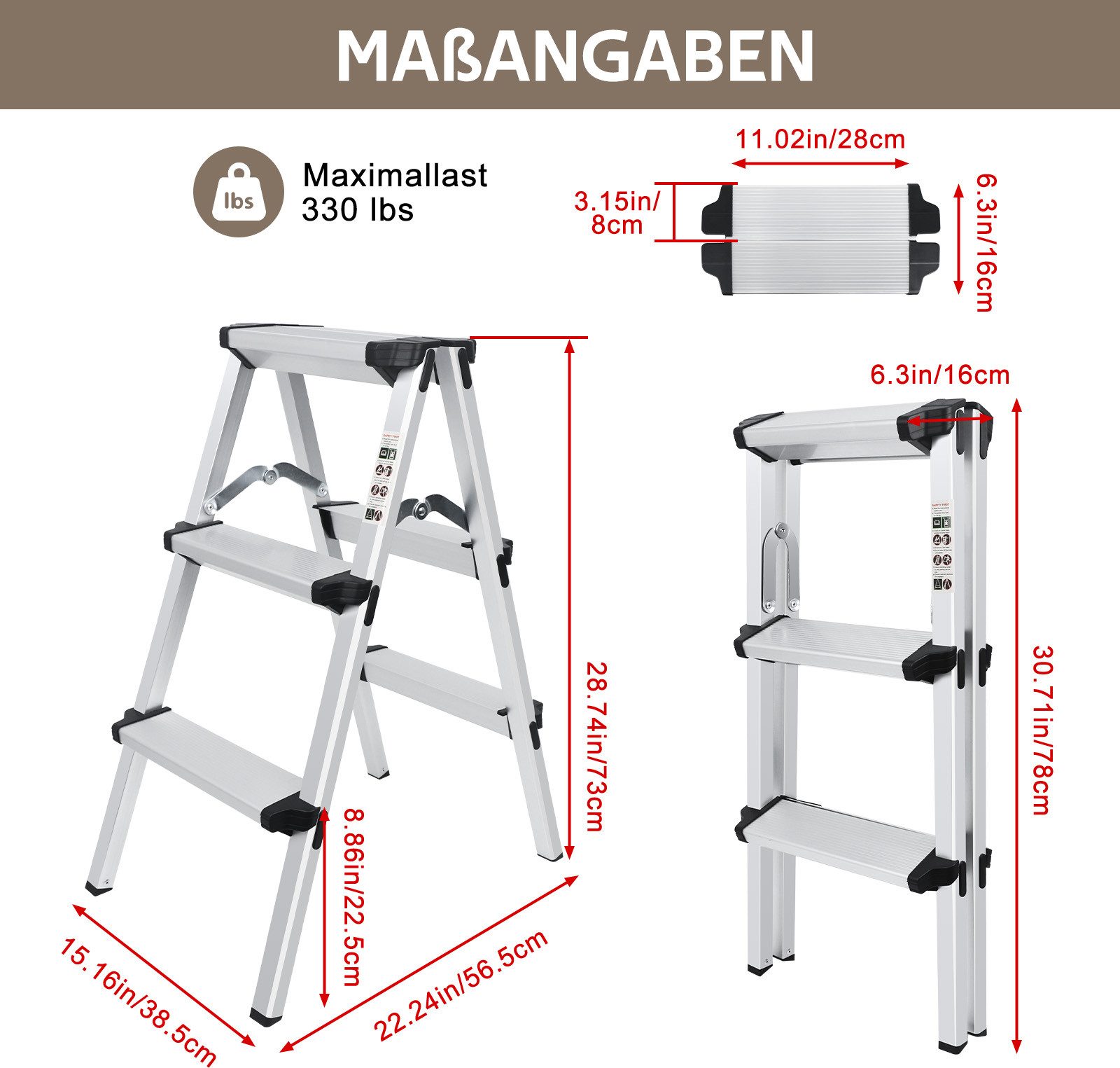 OZAVO Trittleiter 3 Stufen Aluminium Klapptritt,Haushaltsleiter,bis 150 kg (Tragbare Klapptritt, Multifunktionsleiter, Anti-Rutsch-Trittfläche), für Haushalt, B – Bild 5 von 5