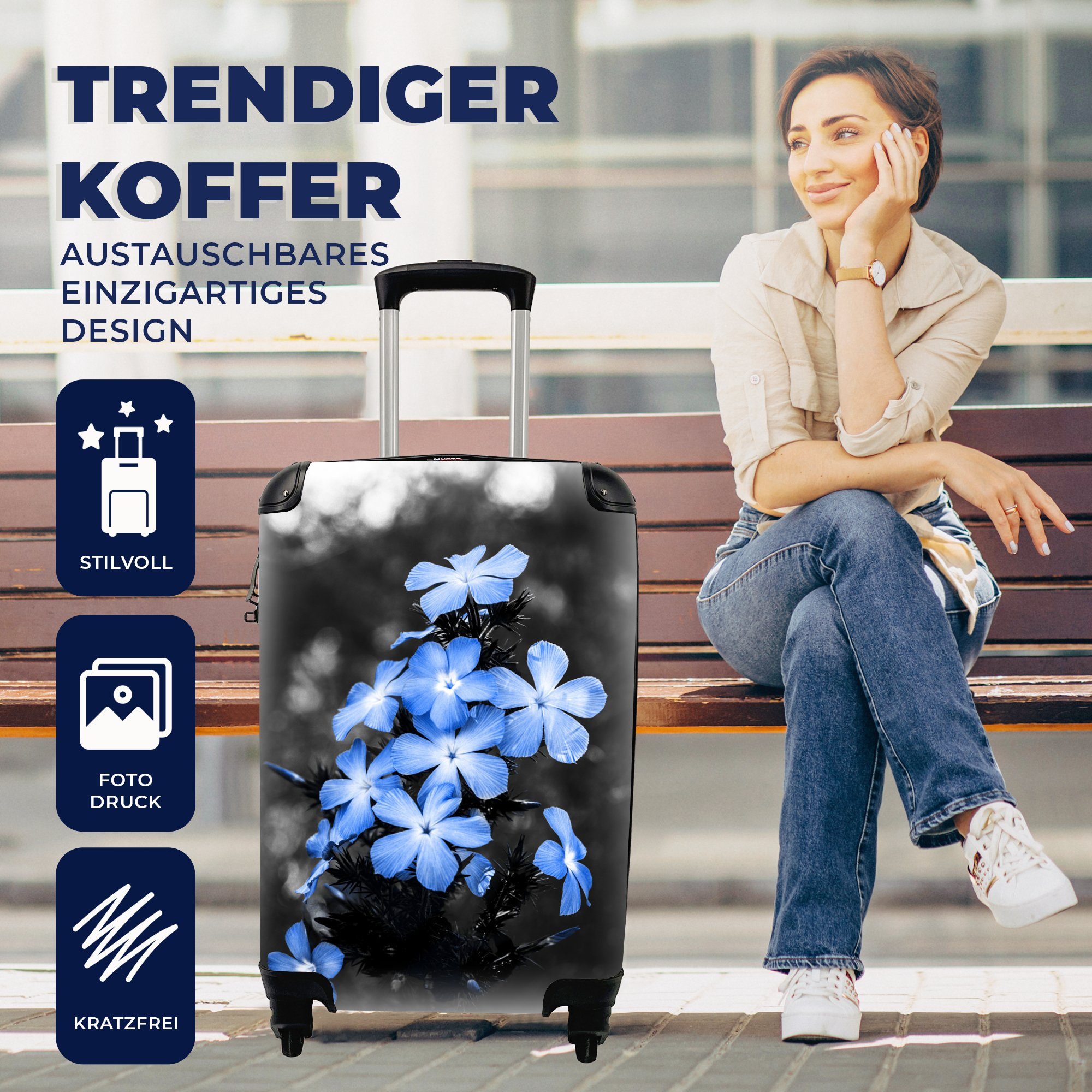 MuchoWow Handgepäckkoffer 4 Schwarz Reisetasche Handgepäck Ferien, Rollen, - - für Weiß Reisekoffer - rollen, Blumen Blau, mit Trolley