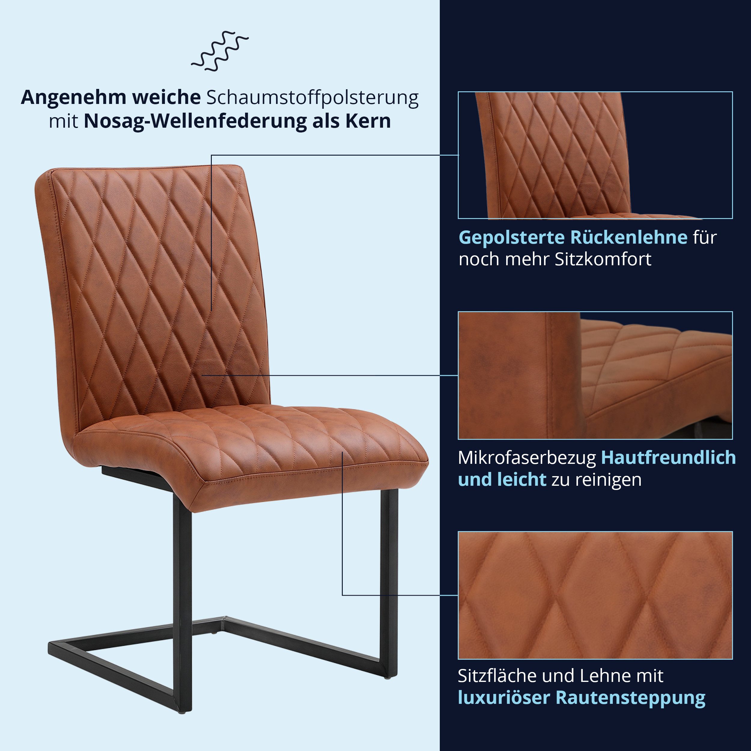 KHG Freischwinger Esszimmerstuhl Leder Braun, bis 110 kg belastbar, Vintage Stil, gepolstert, Nosag-Wellenfederung, Metallgestell Schwarz – Bild 4 von 5