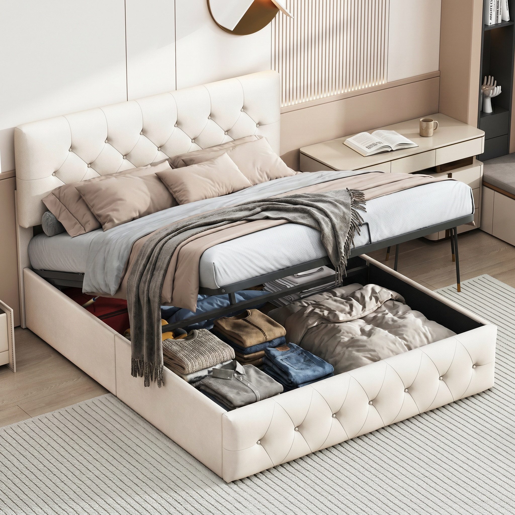 Simurq Polsterbett Doppelbett 160x200 cm Samt beige mit Hubfunktion (Set, 1-tlg) (Bettgestell inkl. Federleisten, Bettkasten & Veloursbezug), Polsterbett 160x200 mit Lattenrost, verstellbarem Kopfteil