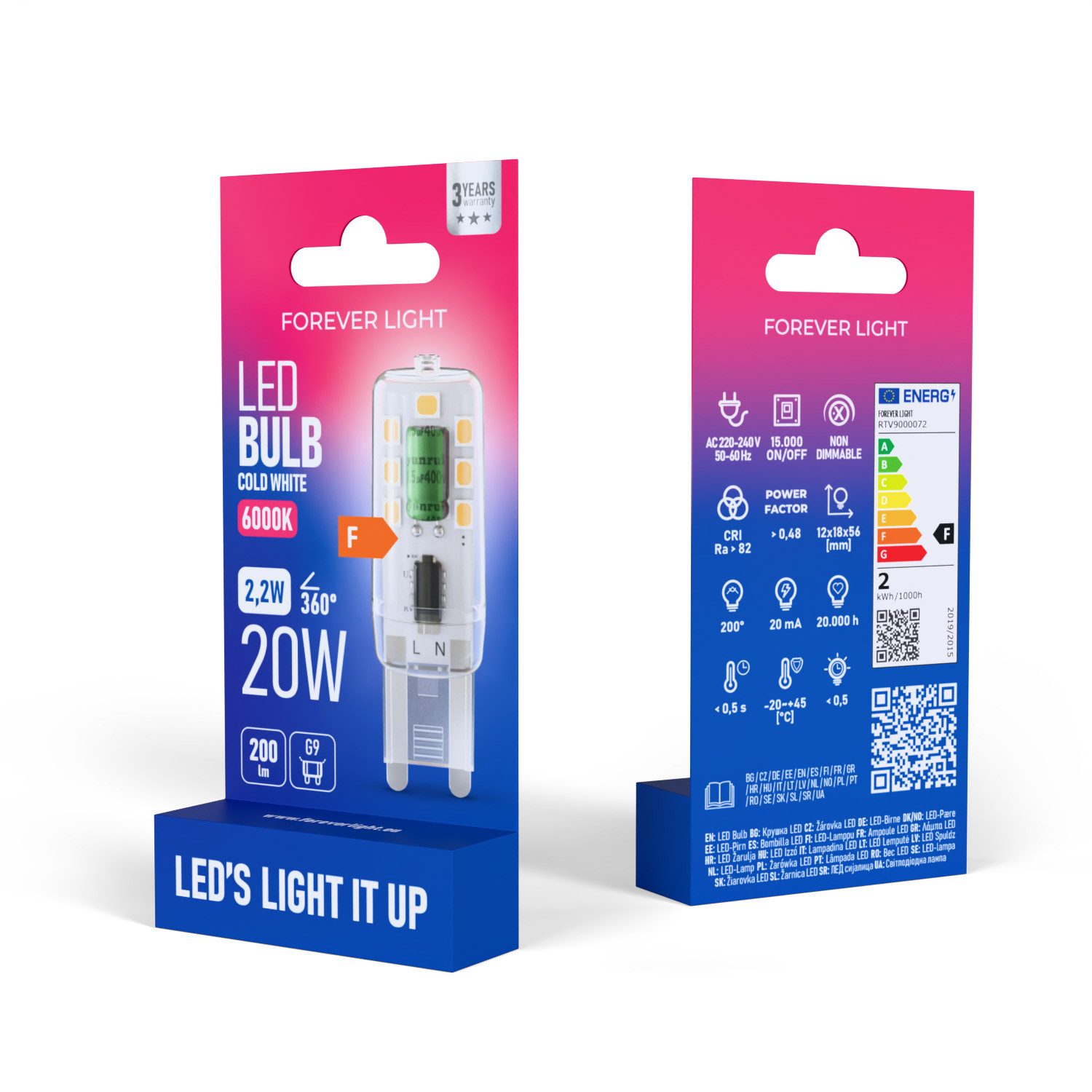Forever Light LED-Leuchtmittel Lampe G9 2.2W 200lm Kaltweiß 6000 K Energieklasse F, Kaltweiß, Kaltweißes Licht für klare moderne Beleuchtung