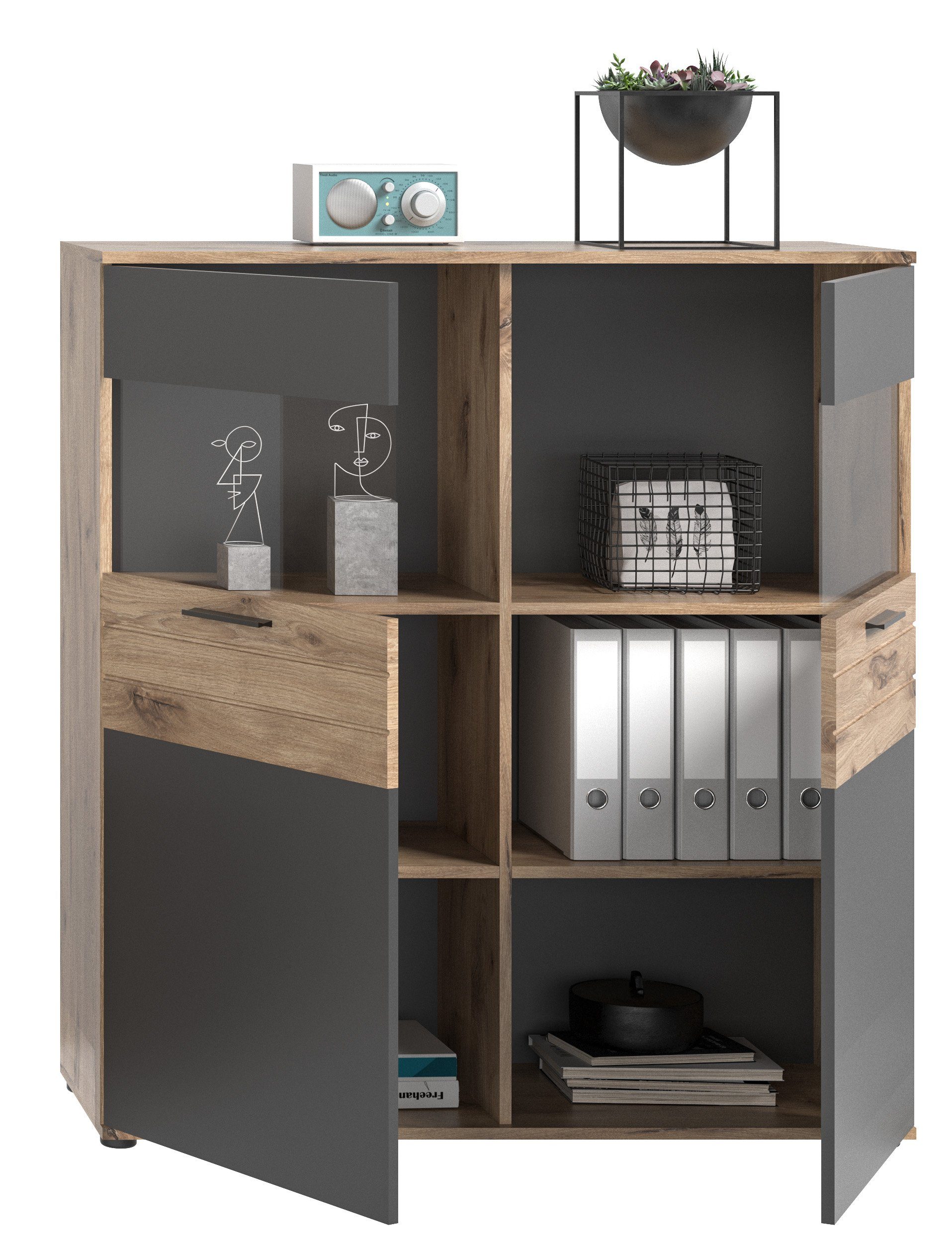 grau Vitrine >Mason< - oak/basalt nox möbelando Vitrine (BxHxT) in 110x122x37cm