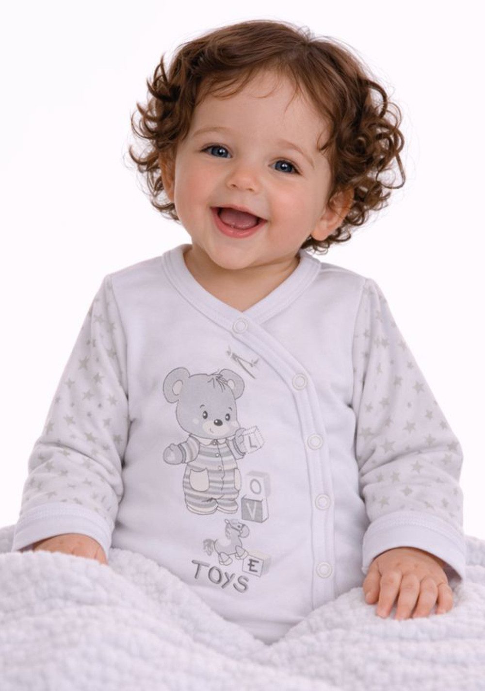 La Bortini Wickelbody Baby Body Langarmbody in Weiß mit Sternchen und Bärchen aus reiner Baumwolle, 44 50 56 62 68 74 80 86 92 98 104