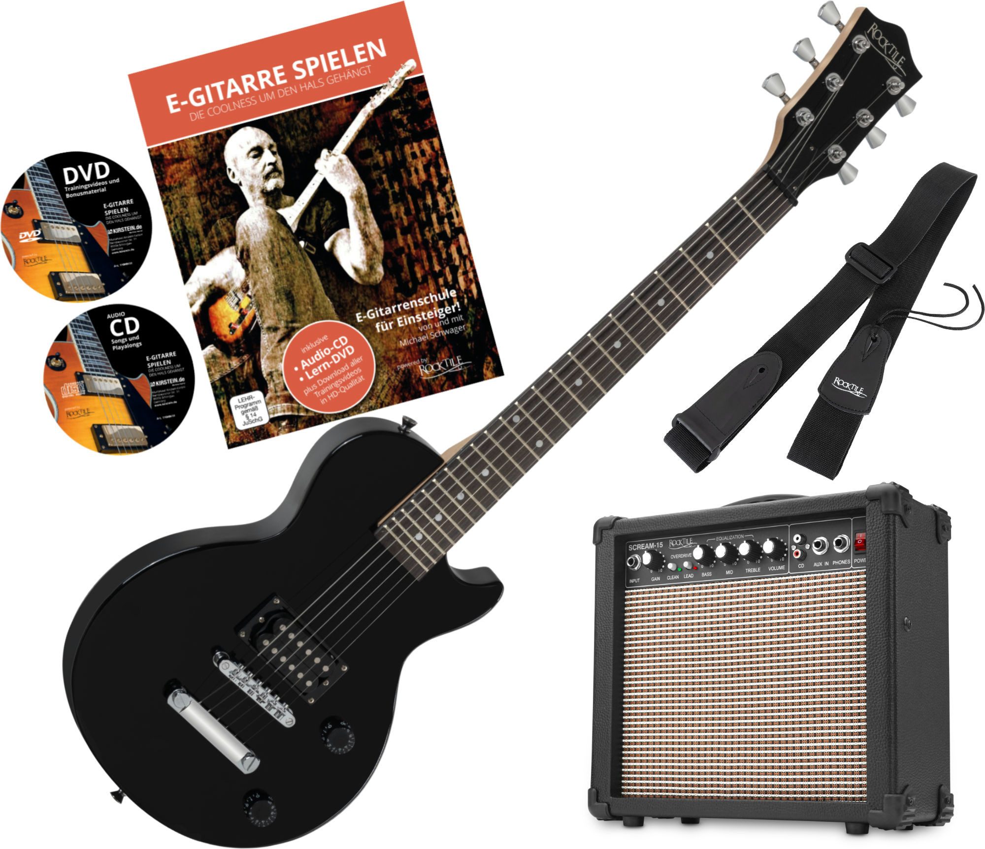 Rocktile E-Gitarre L-50B Kinder elektrische Gitarre, Single Cut, Spar-Set, inkl. Gitarrenverstärker, Gurt und Schule, Mensur: 3/4 (57,5 cm) - Sattelbreite: 42 mm