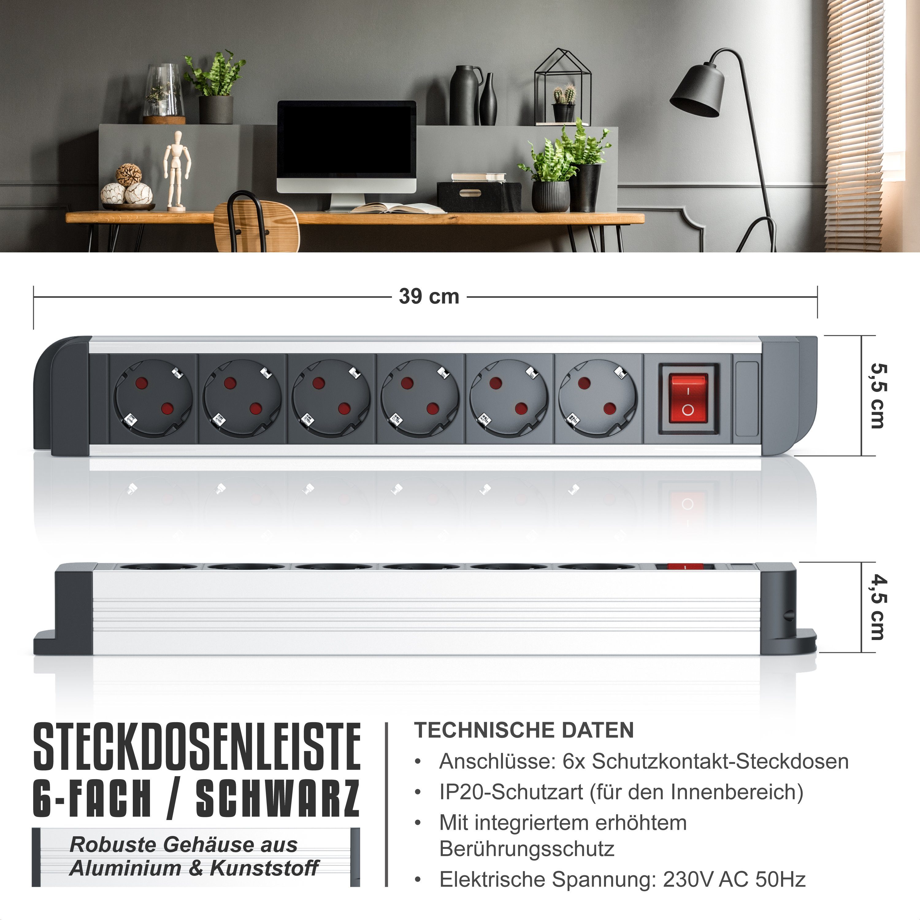 Arendo 6-fach Steckerleiste, Aluminium, beleuchteter Ein/Aus-Schalter Steckdosenleiste 6-fach (Ein- / Ausschalter, Schalterbeleuchtung, Kindersicherung, Kabellänge 1,5 m), Mehrfachsteckdose, Wandmontage, Kinderschutz, robust, bis 3680W