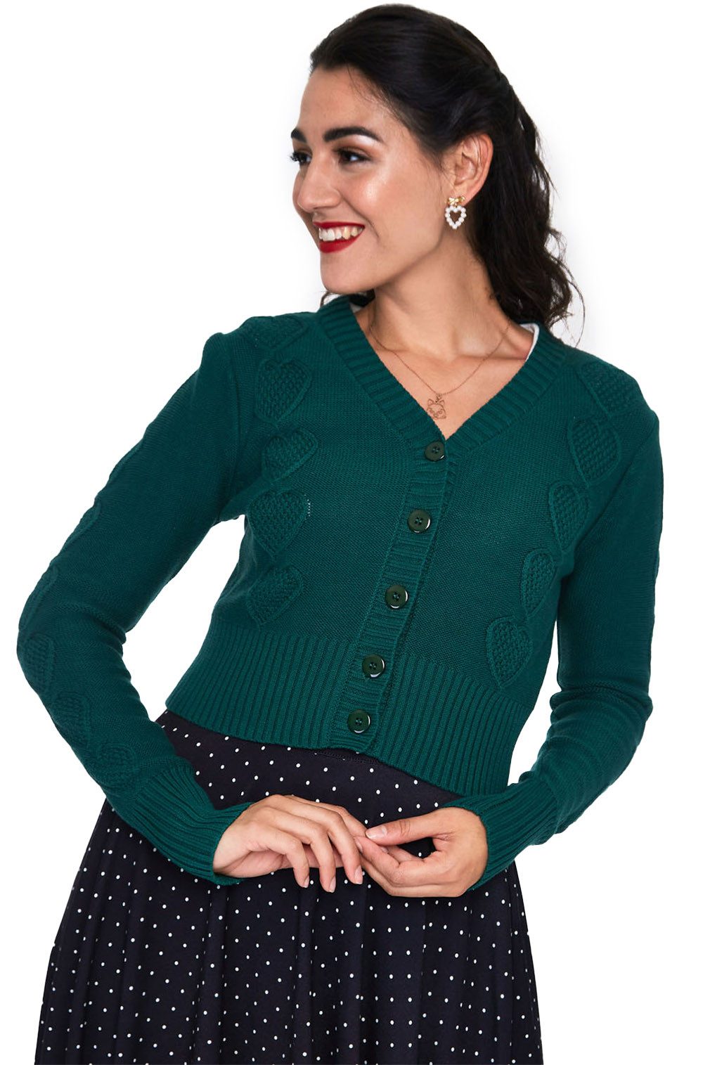 Voodoo Vixen Strickjacke Jazmine V Neck Knit Grün Retro Vintage Cardigan Herzen