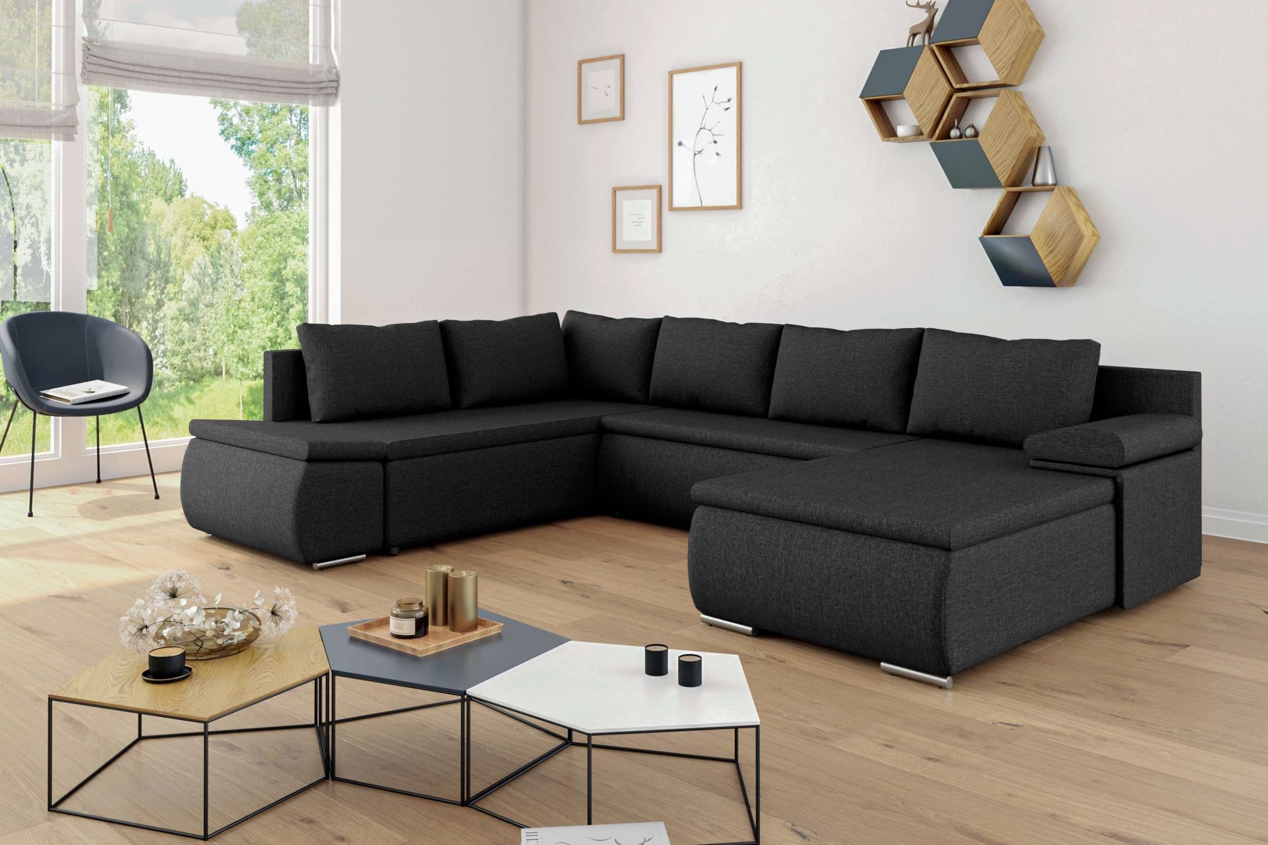 Stylefy Wohnlandschaft Nessi, Sofa, U-Form, mane links oder rechts bestellbar, mit Bettfunktion und Bettkasten, frei im Raum stellbar, Modern Design, mit Wellenfederung