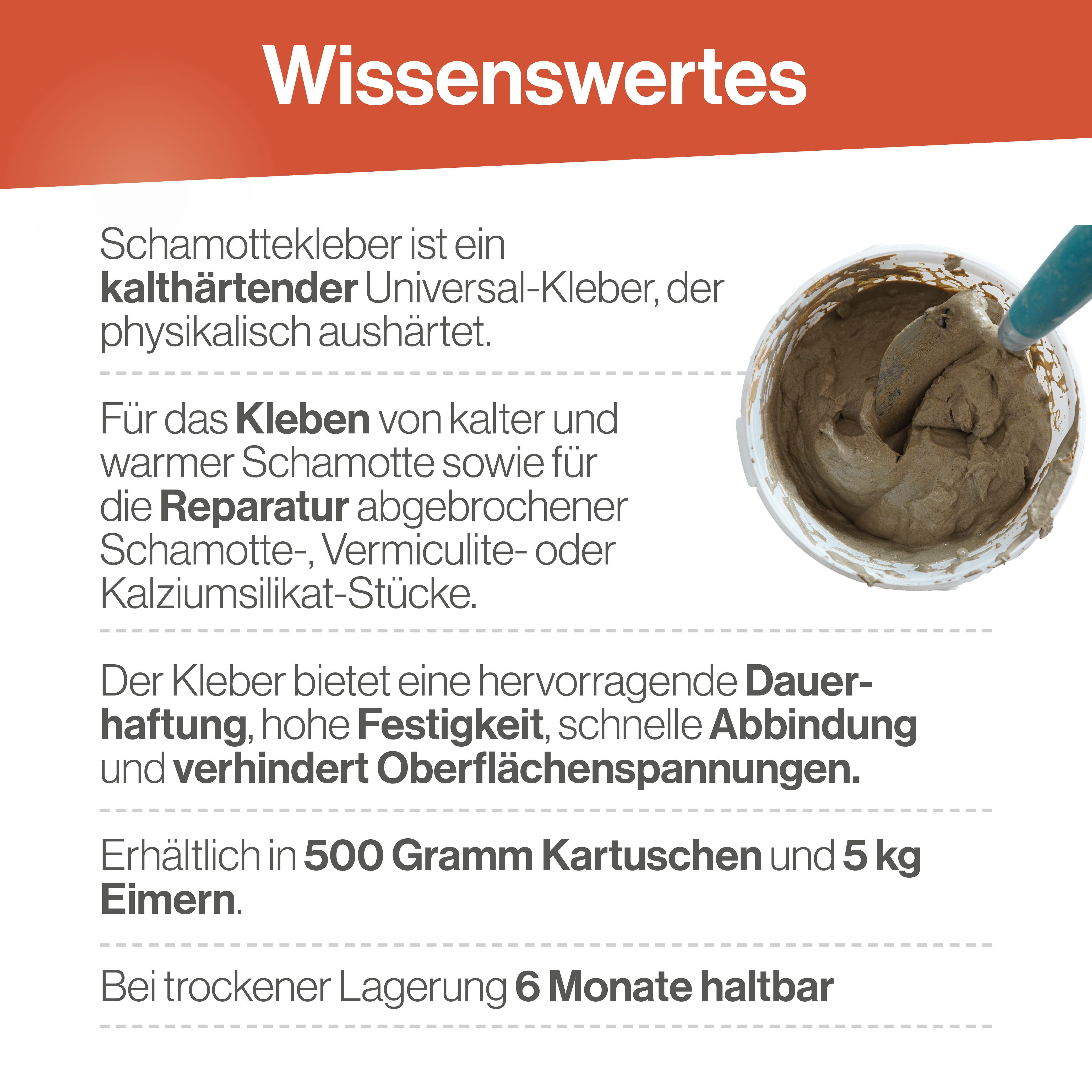 Feuerfest 123 GmbH Mörtel Schamottekleber, zum Kleben & Reparieren von Schamotte, (feuerfester Kleber), hitzebeständig bis 1.350 °C, physikalische Trocknung