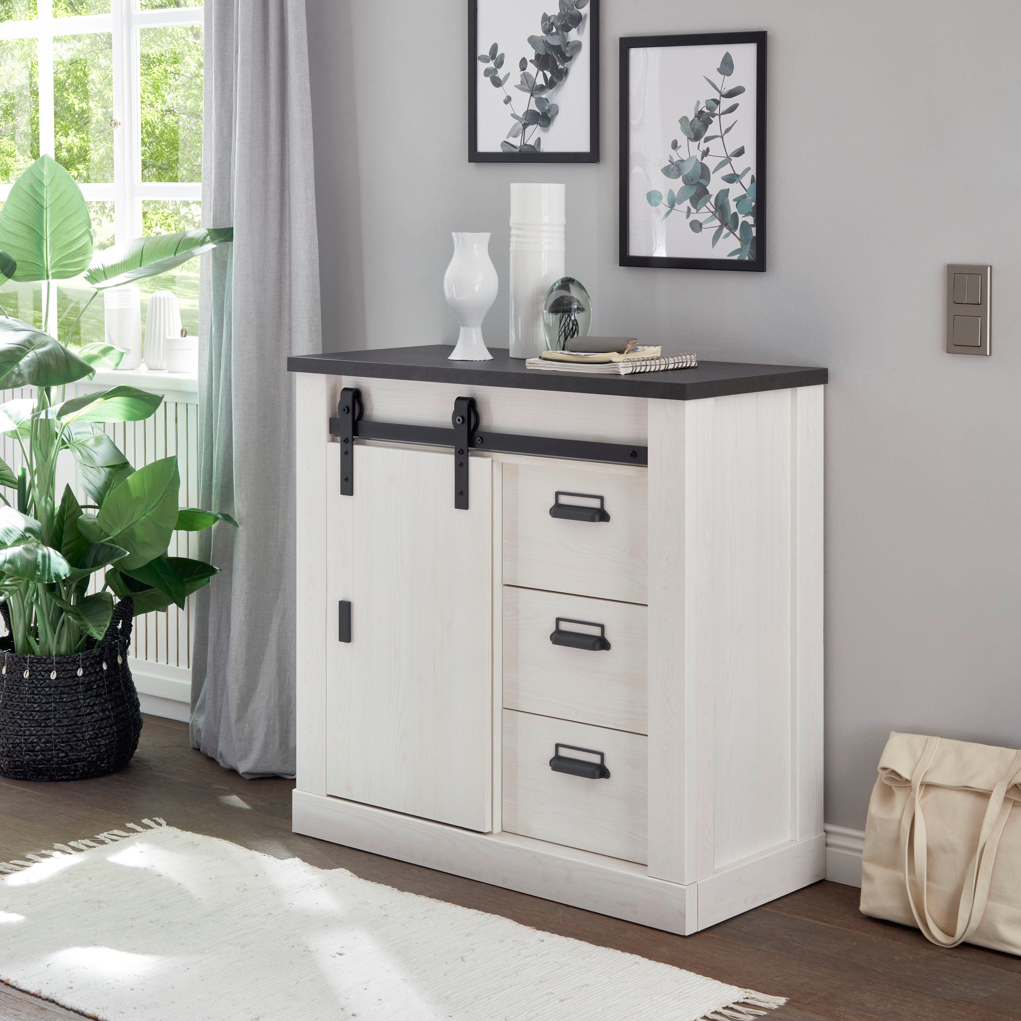 Home affaire Kommode Sherwood, Sideboard im Industrial-Style, Schrank, Stauraumelement, mit Scheunentorbeschlag & Apothekergriffen, in 2 Farben erhältlich