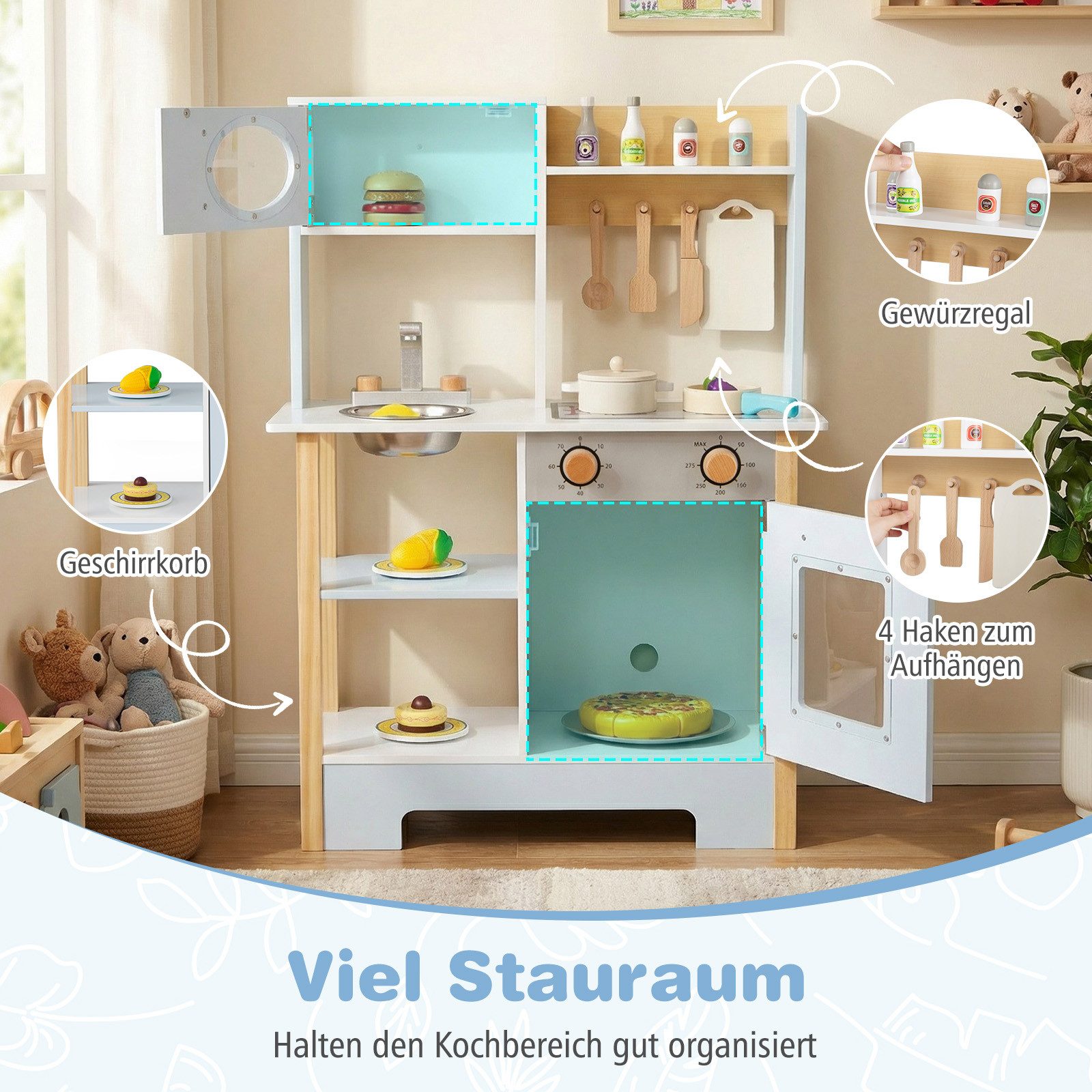 COSTWAY Spielküche MDF, Massivholz, Edelstahl, Mit Tafel, Mikrowelle, Herd, Abtropfgestell & Wasserhahn
