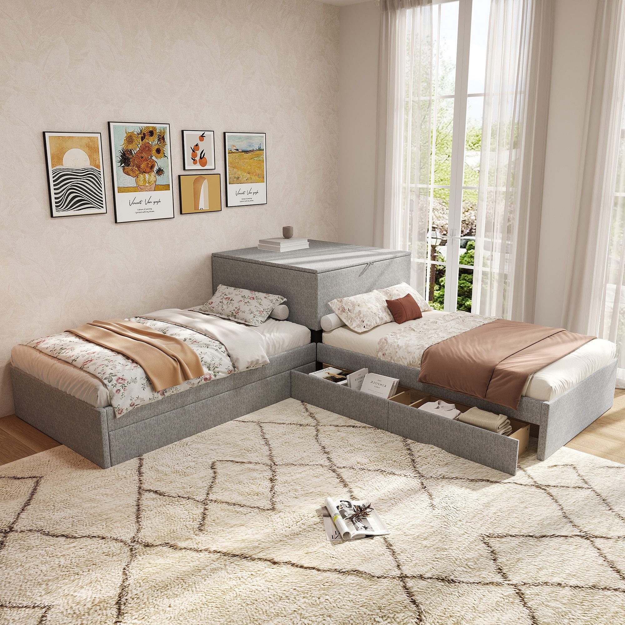 Flieks Kinderbett, Einzelbett 90x200cm mit Ausziehbett 90x190cm Stauraum un günstig online kaufen