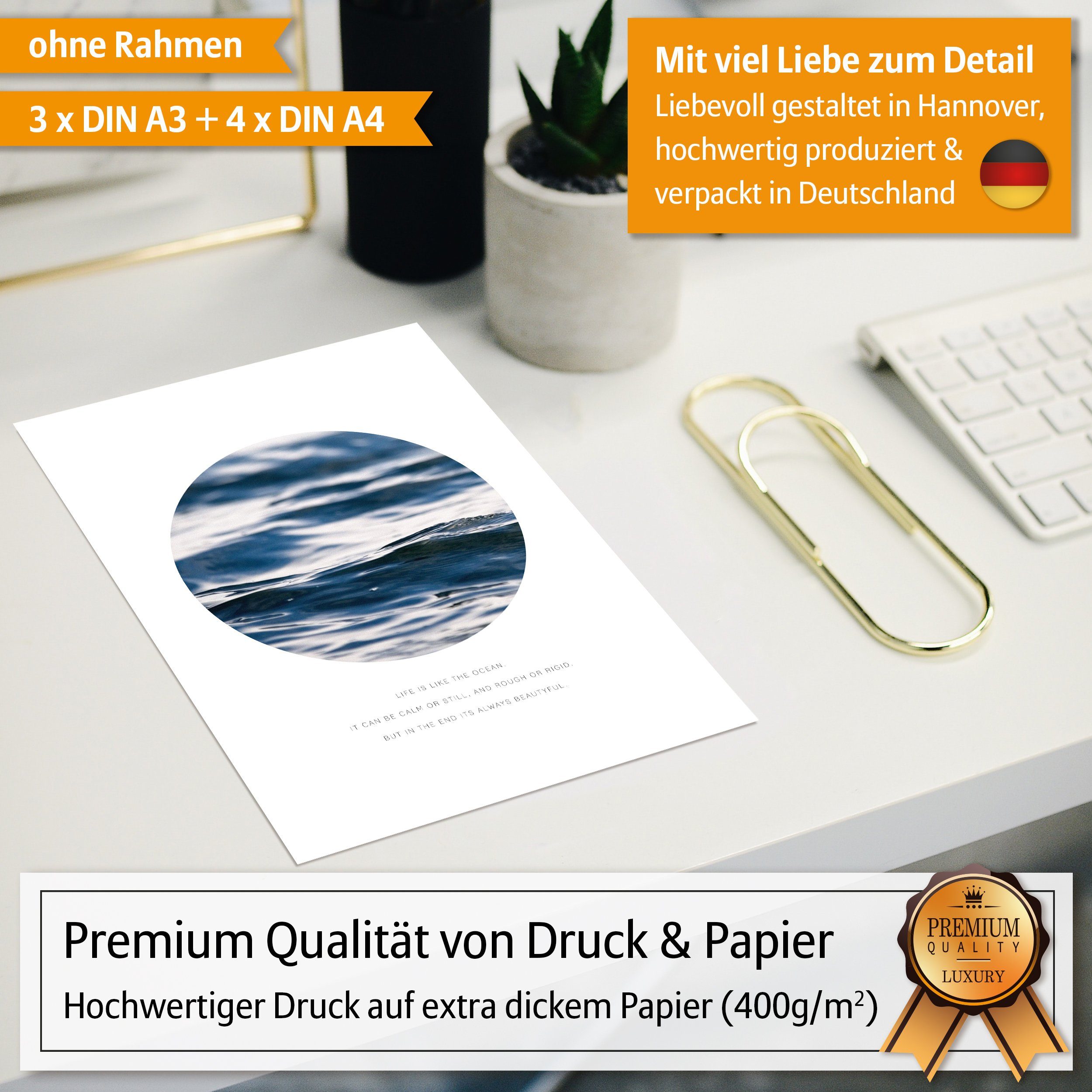 Hyggelig Home Poster Ozean - Premium Poster Set OHNE & MIT Rahmen - 7 Wandbilder Blue Waves, Meer (Set, 7 St), Collage Qualitätsdruck auf dickem Papier knickfrei
