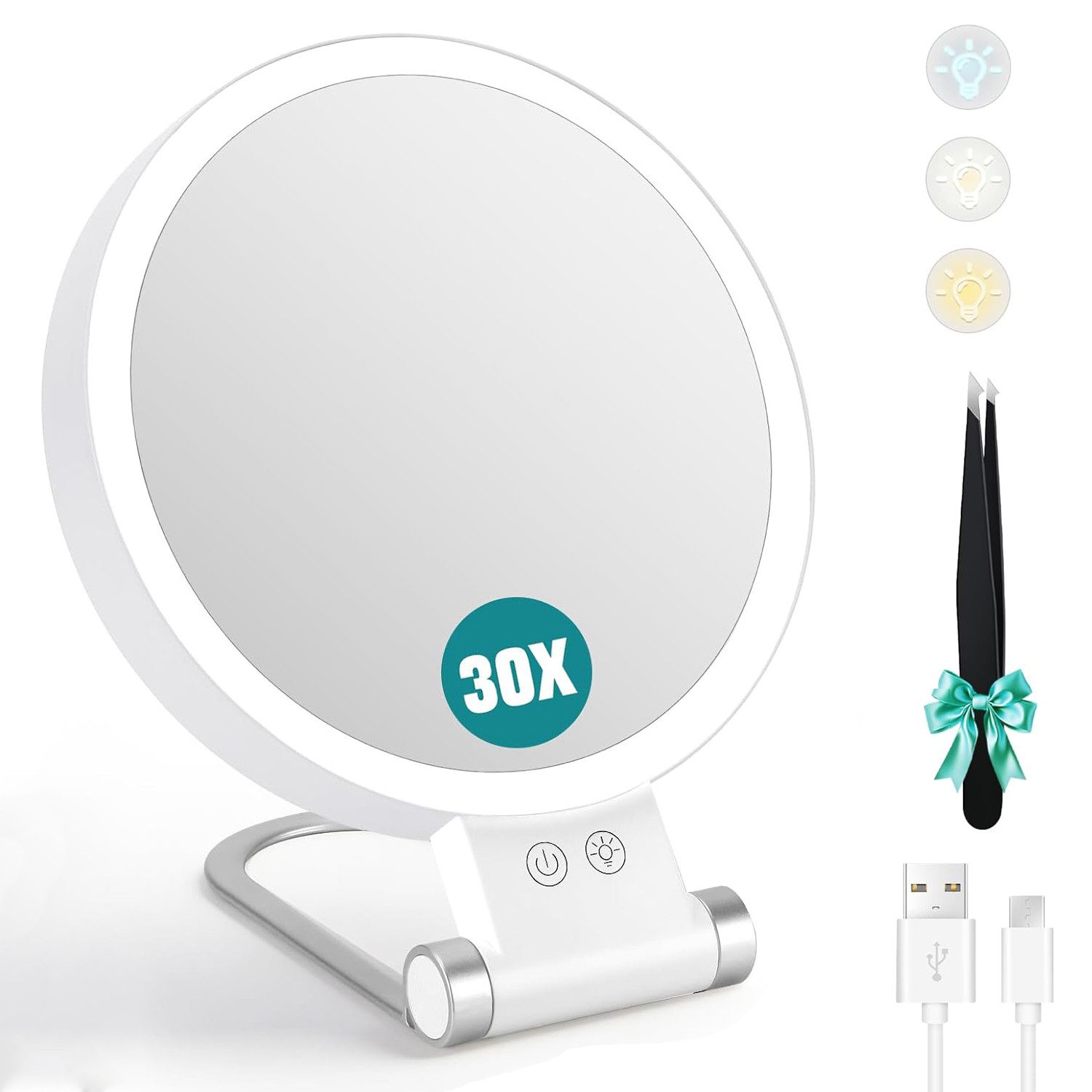 AFKSMILE Kosmetikspiegel Kosmetikspiegel mit Beleuchtung, 30X/1X Doppelseitig Schminkspiegel (1-St), 3 Farben Beleuchtungsmodi, Einstellbare Helligkeit, Tragbar & Klappbar