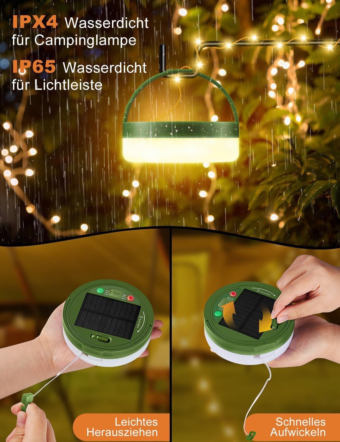 FELIXLEO LED-Lichterkette Camping Lichterkette Solar LED 10M USB 3000mAh wasserdicht 8 Modi – Bild 4 von 5