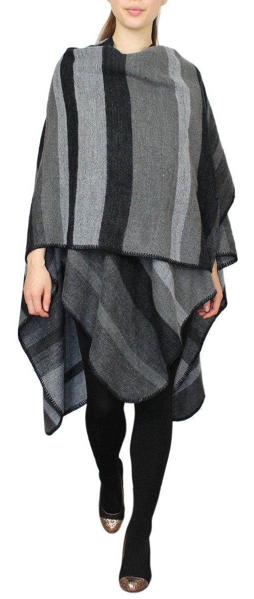 in Wendeponcho Streifen Poncho Stil Muster Gestreift dy_mode Damen Oversize Umhang in Poncho Cape PJ002-DunkelgrauKombi