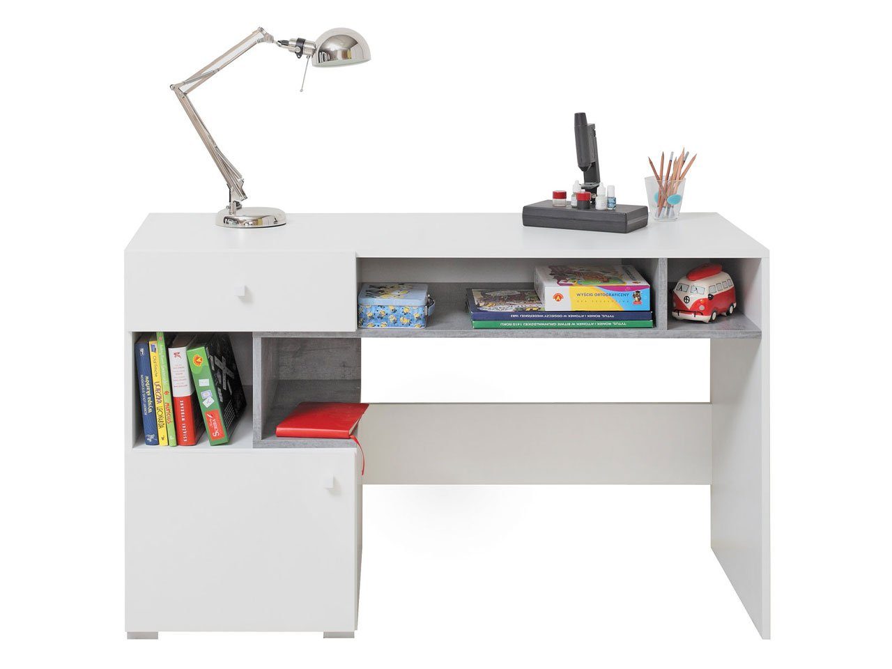 MIRJAN24 Schreibtisch Sigma 10 (mit Tür und Schublade), Metallgriffe Weiß / Weiß + Beton