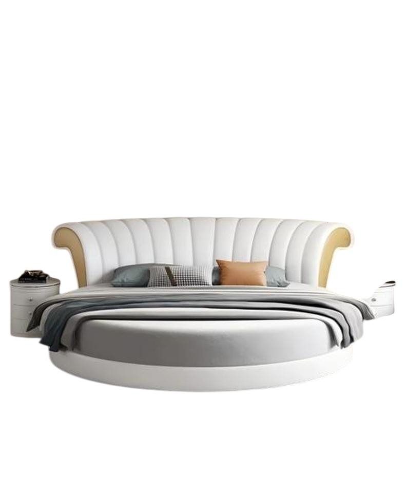JVmoebel Rundbett Exklusives Rundbett Weiß Beige aus hochwertigem Leder Schlafzimmer, Made in Europe