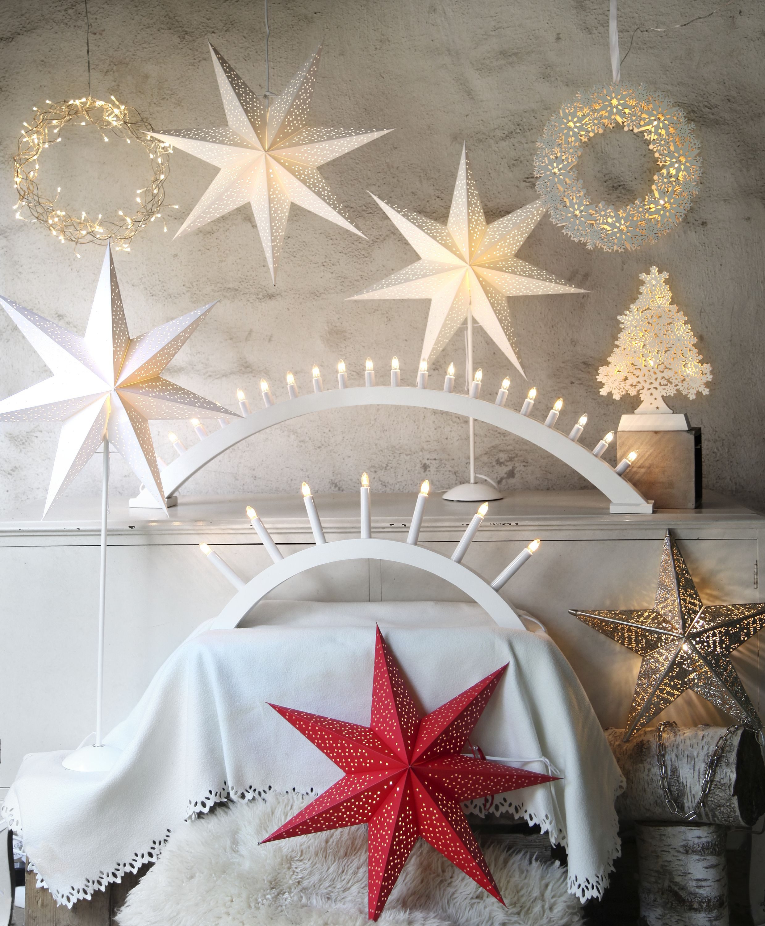 STAR TRADING Hängedekoration Weihnachtsstern Dot 3D Papierstern, Weiß, E14 Fassung, Ø 54 cm