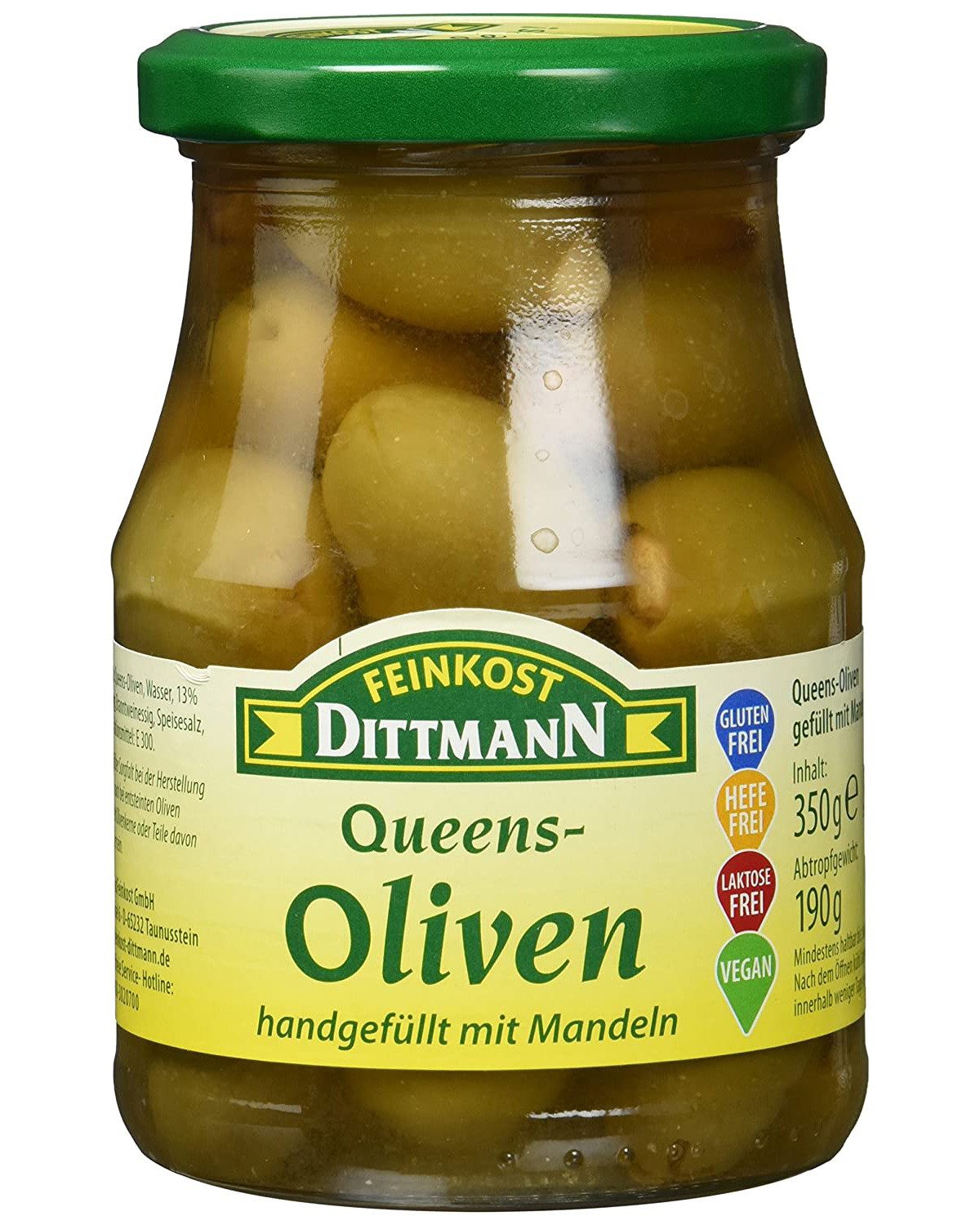 Feinkost Dittmann Gemüsekonserve, Feinkost Dittmann Queensoliven gefüllt mit Mandeln 350g 3er Pack