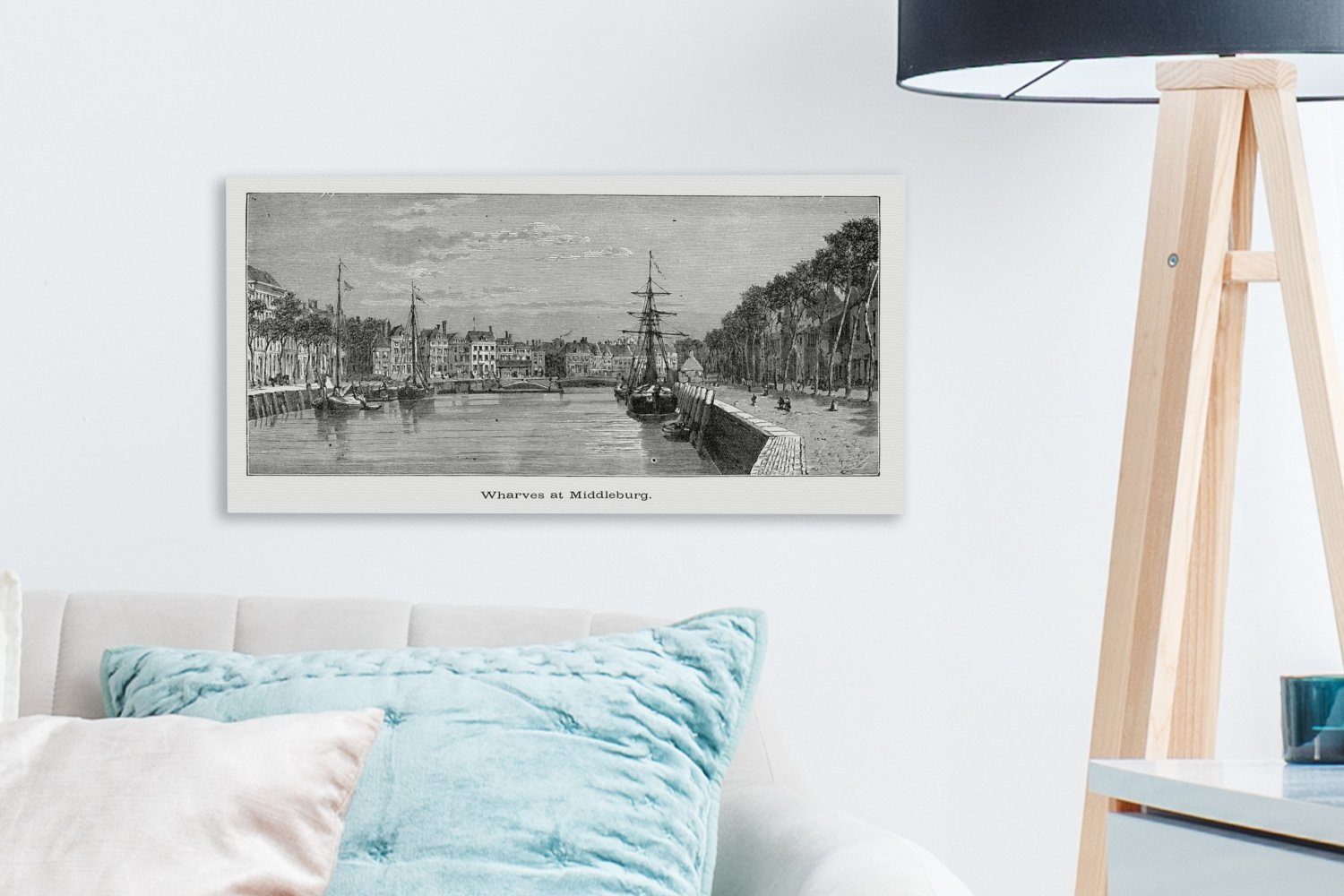 OneMillionCanvasses® Leinwandbild Eine Illustration eines cm Aufhängefertig, (1 Hafens Wandbild St), mit Leinwandbilder, 30x20 Wanddeko, Schiffen