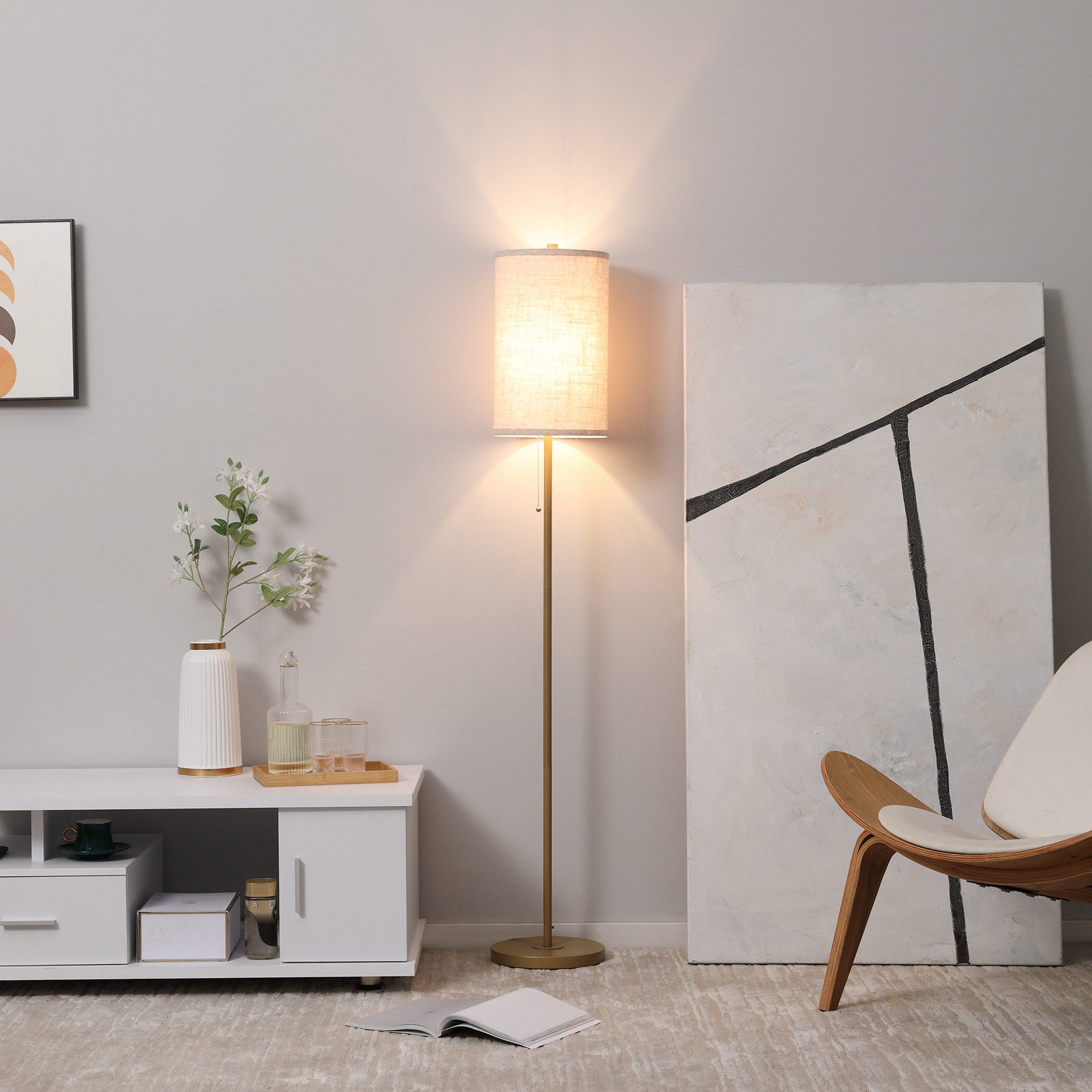 HOMCOM Stehlampe Wohnzimmer Stehleuchte mit Leinen Lampenschirm, exkl. Glühbirne, Ein-,Ausschalter, ohne Leuchtmittel, mit Stahlständer, E27 Fassung Standlampe für Schlafzimmer, Cremeweiß