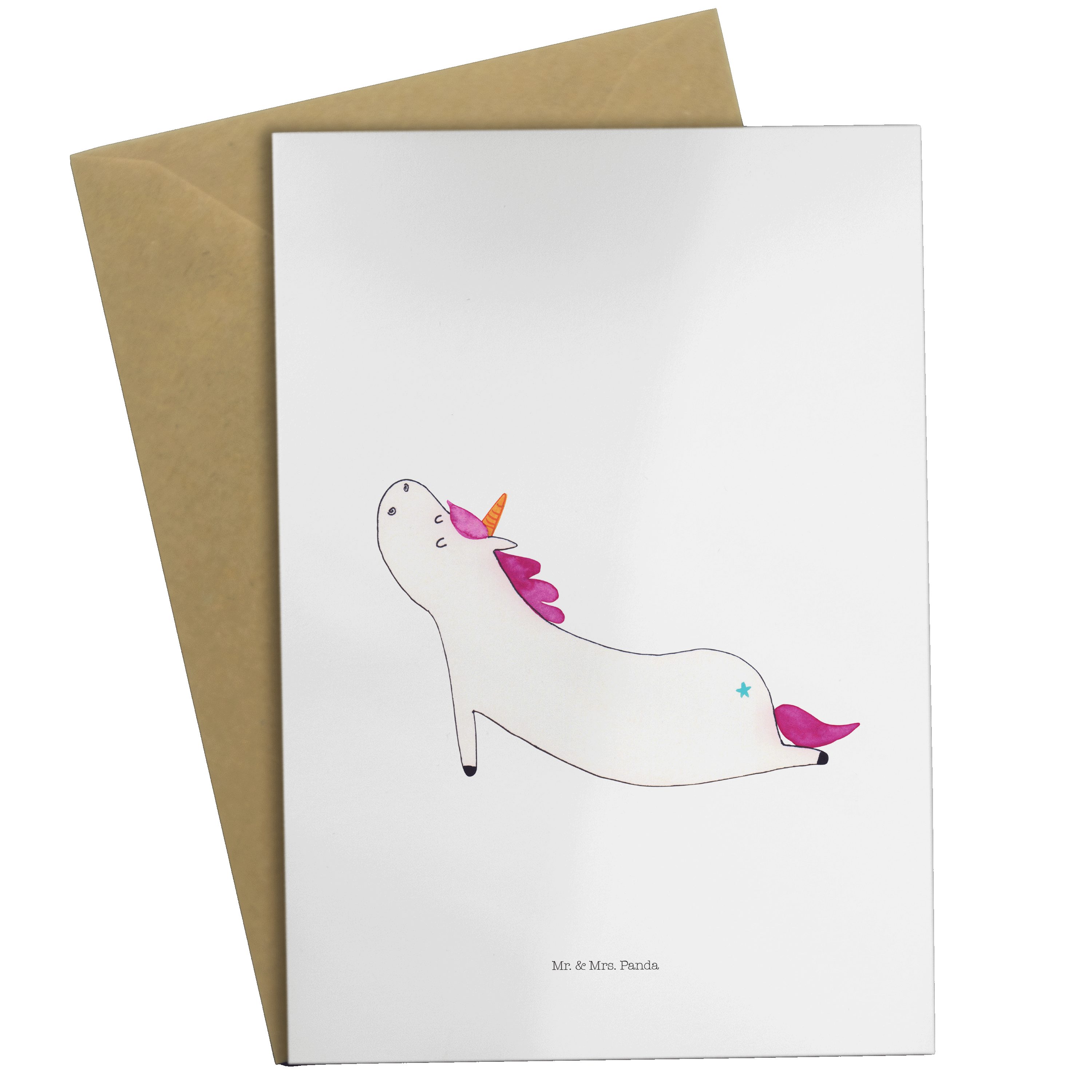 Mr. & Mrs. Panda Grußkarte Einhorn Yoga - Weiß - Geschenk, süß, Karte, Einladungskarte, Glückwun