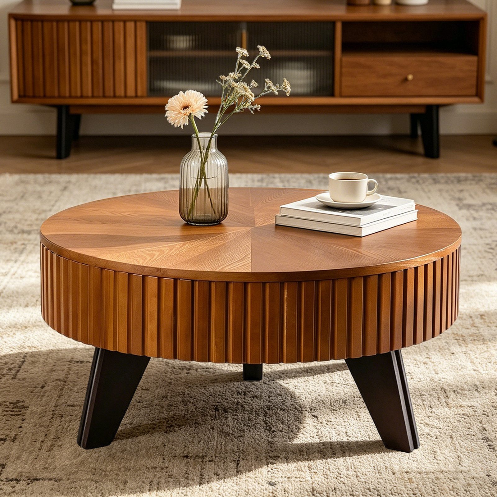 TWSOUL Couchtisch Runder Couchtisch mit Stauraum, Moderner Wohnzimmertisch Holzoptik, mit Rillenstruktur, Sofatisch mit Klappdeckel, Stabil & Pflegeleicht