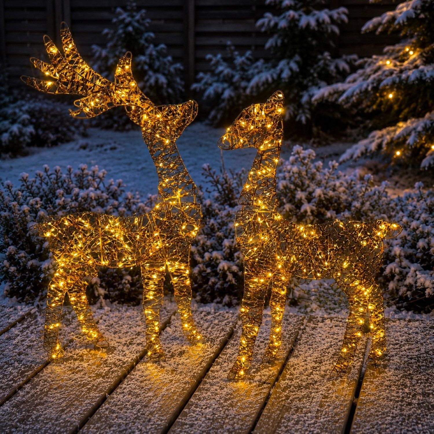 Online-Fuchs LED-Dekofigur Hirsch und Reh mit LED-Lichterkette - Outdoor Weihnachtsdeko (warmweiße Beleuchtung, Flasheffect auf Wunsch zuschaltbar), inklusive 6-Stunden Timerfunktion