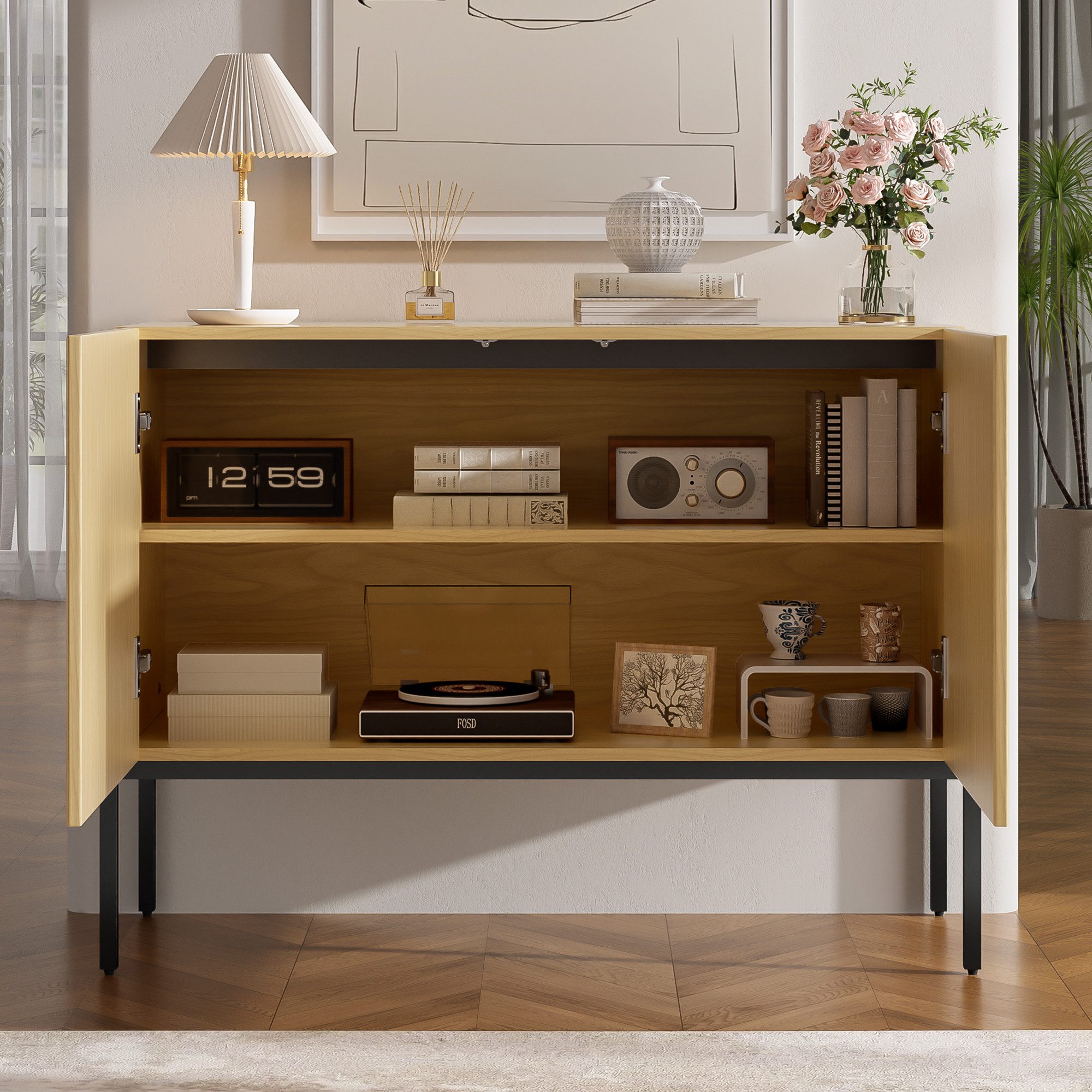 Flieks Sideboard mit 2 Türen, verstellbarer Einlegeböden und Metallbeinen (100x40x75 cm, 1 St., Schrank für Wohnzimmer, Esszimmer, Schlafzimmer), Kommode Mehrzweckschrank Multifunktionsschrank Holzoptik Natur